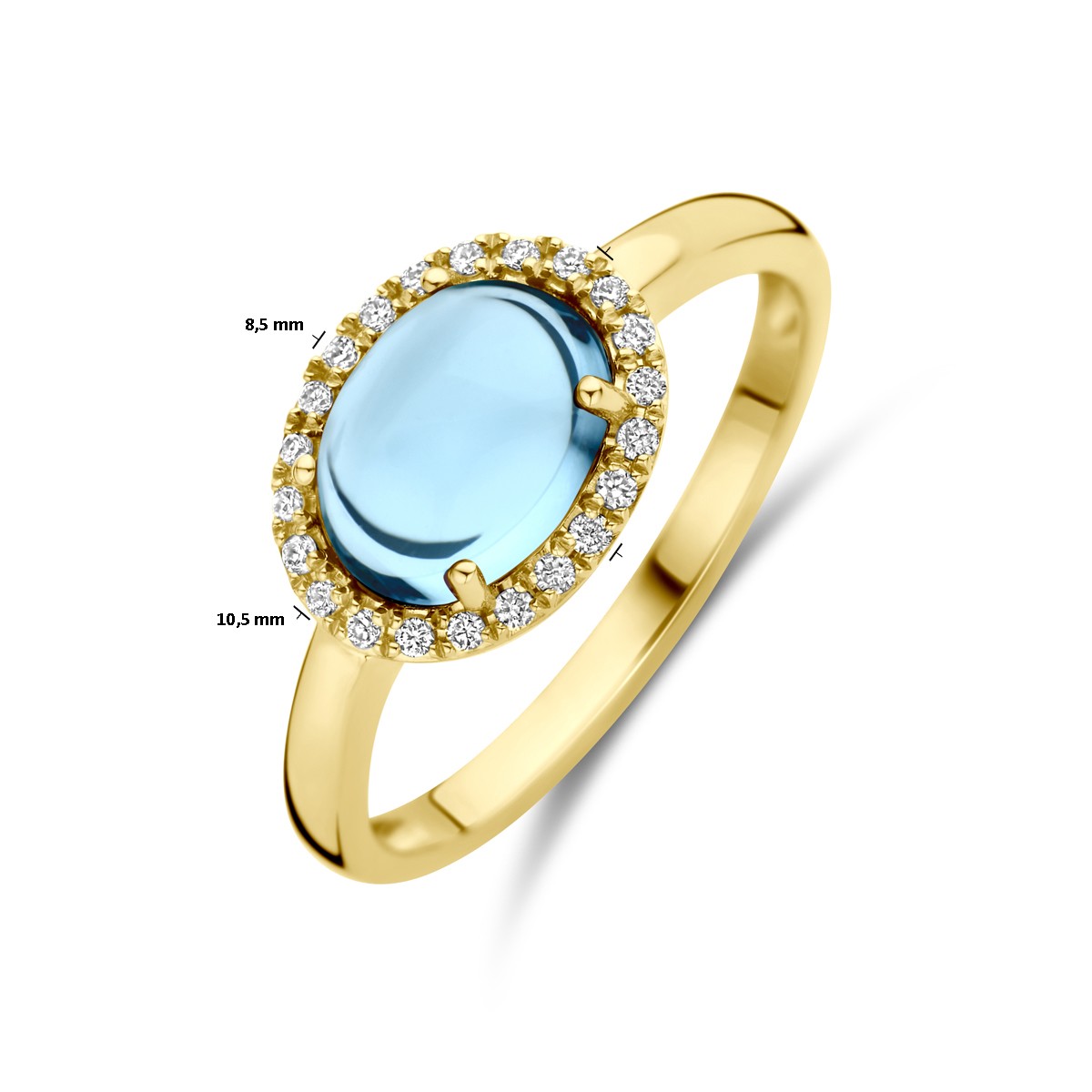 Ring blauw topaas en diamant 0.09ct h si halo 14K geelgoud