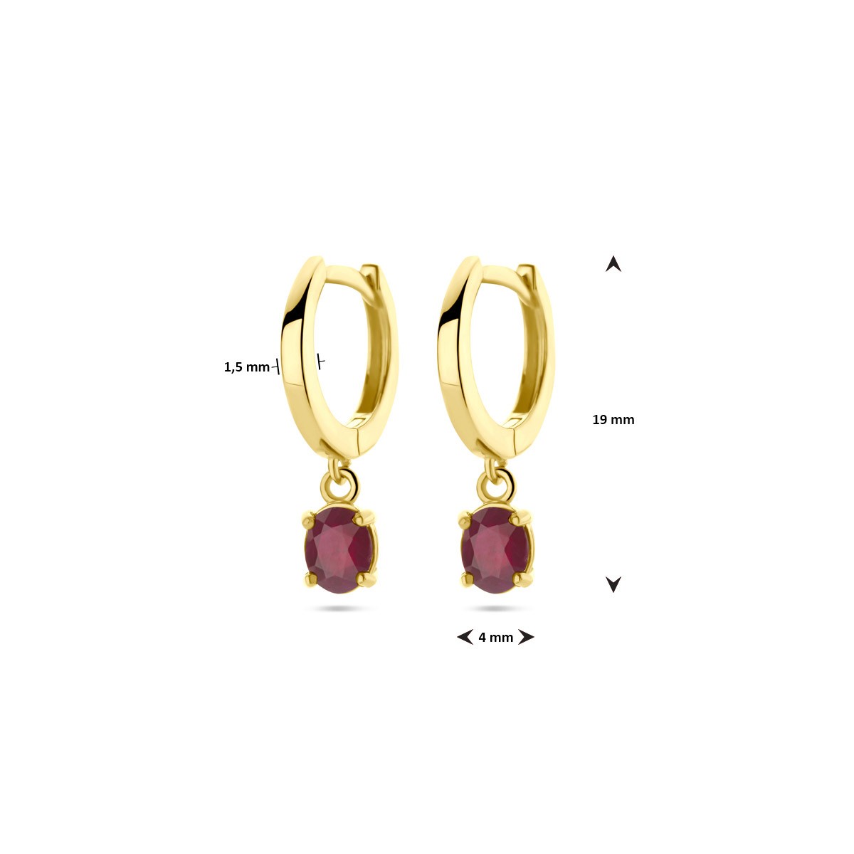 Oorbellen robijn 19 mm 14K geelgoud