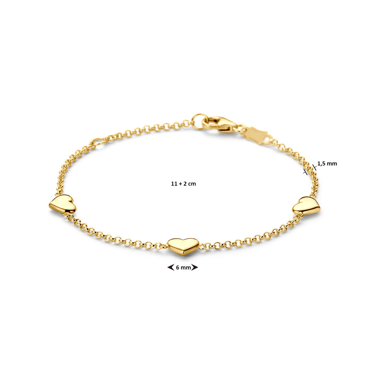 Armband hartjes 11 - 13 cm 14K geelgoud