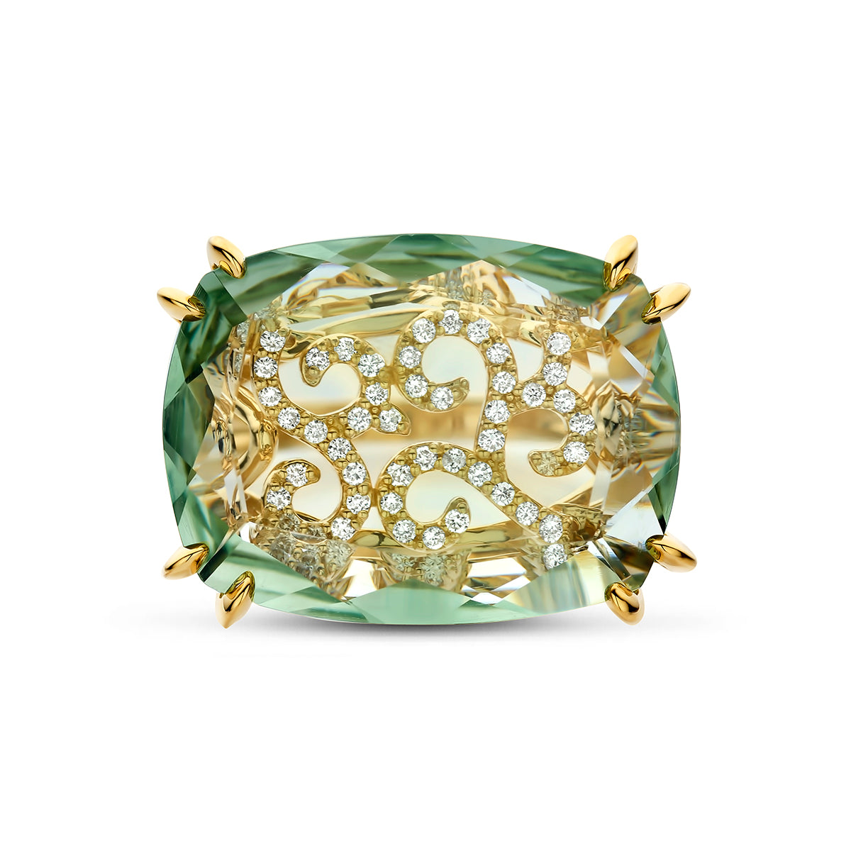 Ring groen amethist en diamant 0.79ct h si 14K geelgoud