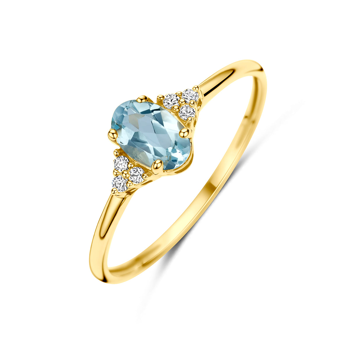 Ring blauw topaas en zirkonia 14K geelgoud blauw, wit