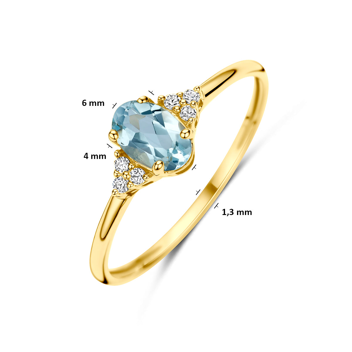 Ring blauw topaas en zirkonia 14K geelgoud blauw, wit