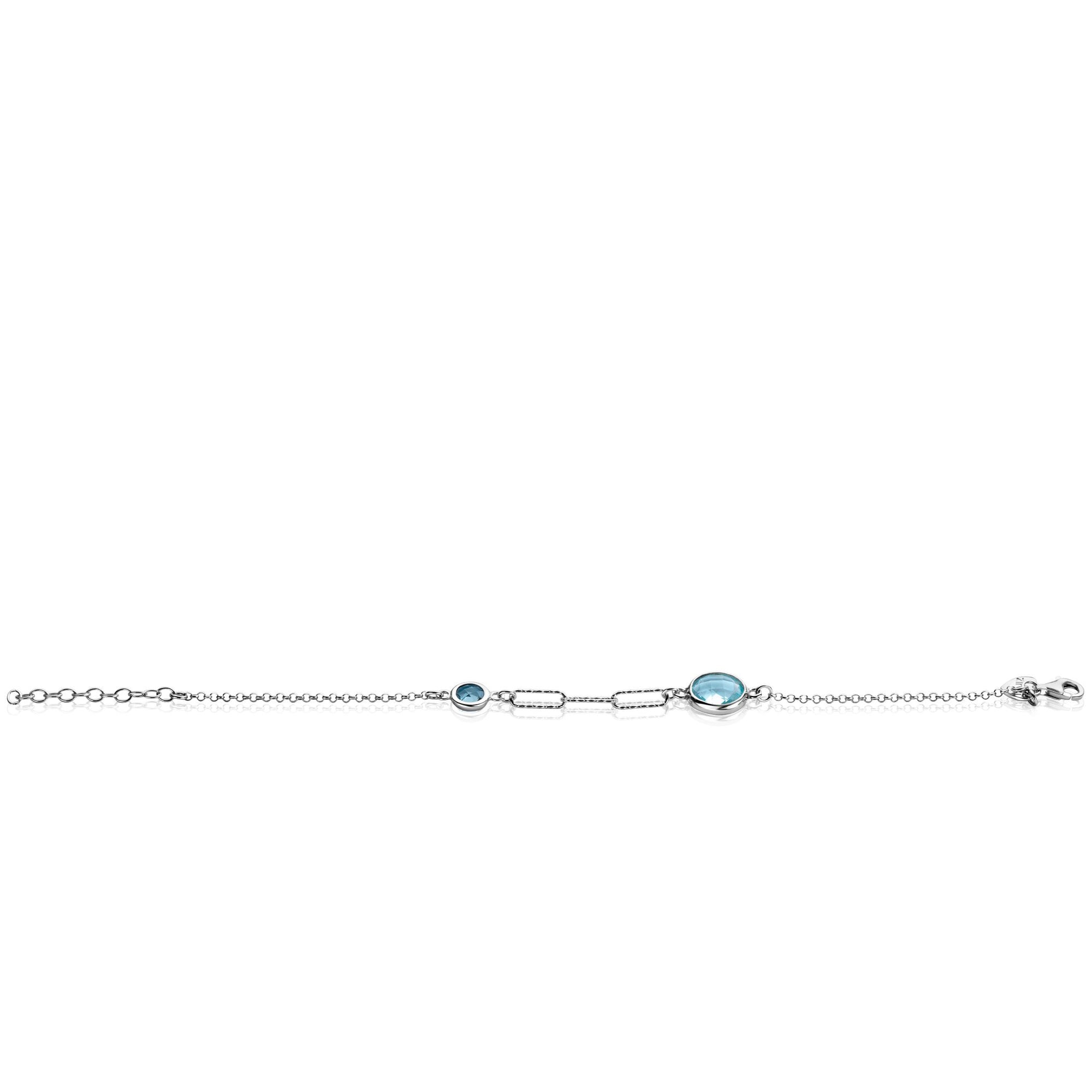 ZINZI zilveren armband met twee ronde zettingen bezet met licht blauwe en indigo blauwe kleurstenen en drie trendy paperclip-schakels 16-19cm ZIA2418 - PansiteNederland.nl