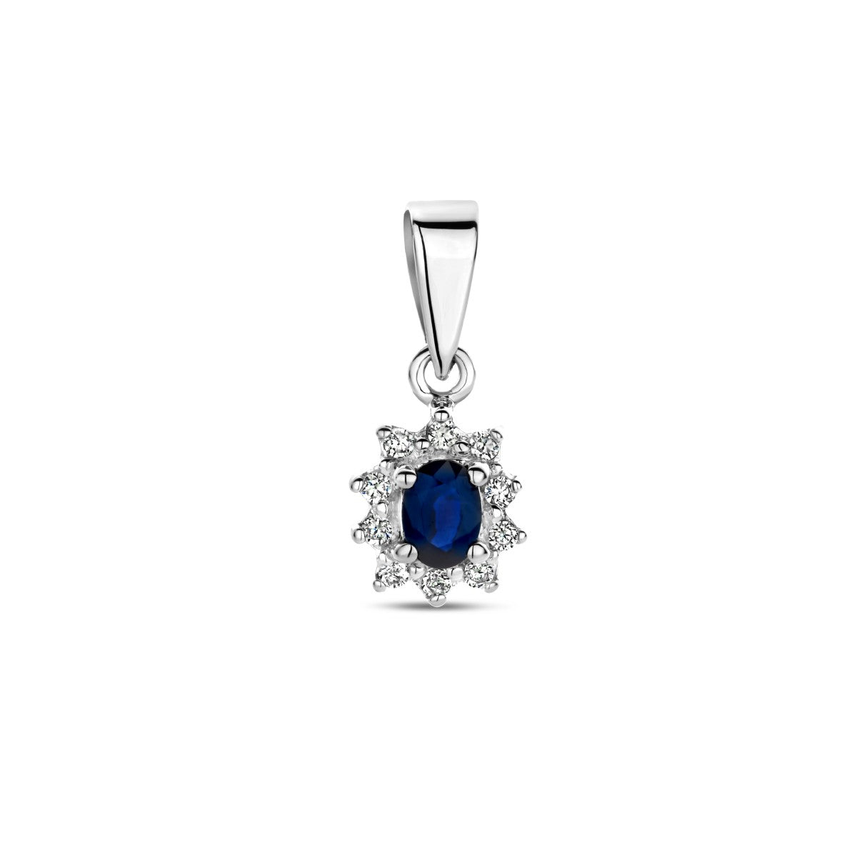 14K witgoud hanger saffier en diamant 0.08ct h p1 halo 4103751 - PansiteNederland.nl