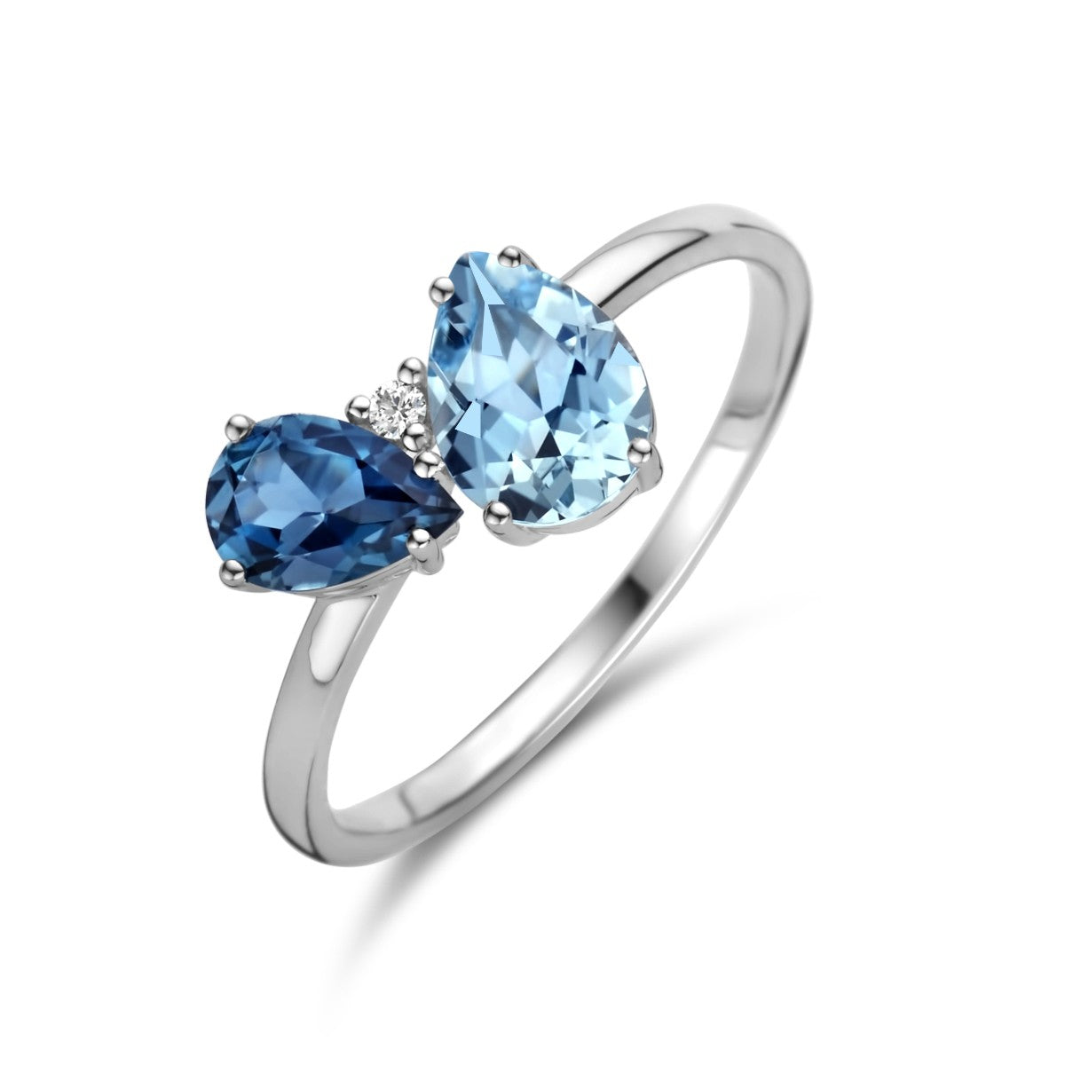14K Witgouden Ring Trilogie London Blue Topaas, Blauw Topaas En Diamant 0.01Ct H P1 4105764 - PansiteNederland.nl