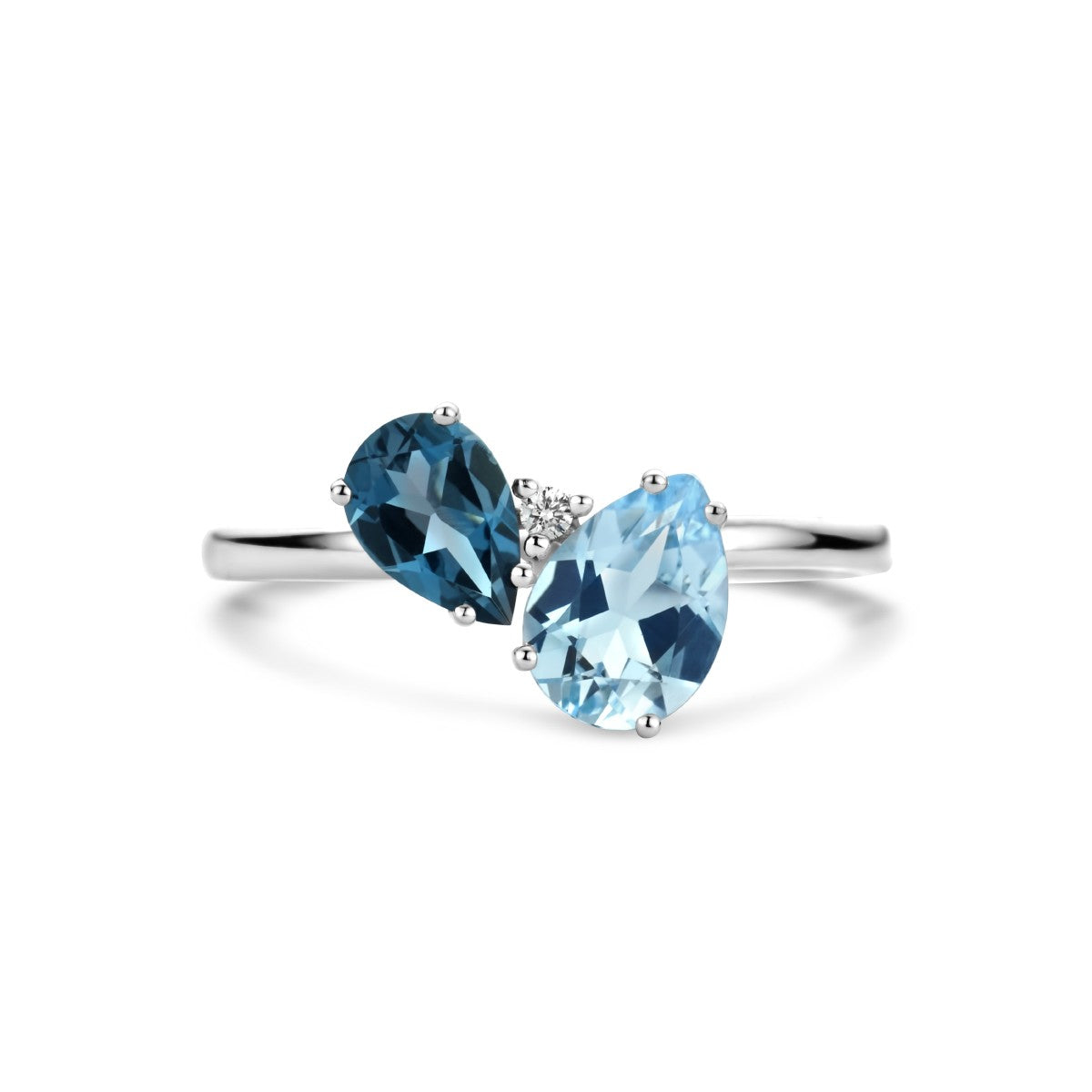 14K Witgouden Ring Trilogie London Blue Topaas, Blauw Topaas En Diamant 0.01Ct H P1 4105764 - PansiteNederland.nl