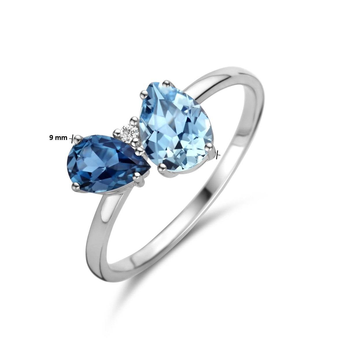 14K Witgouden Ring Trilogie London Blue Topaas, Blauw Topaas En Diamant 0.01Ct H P1 4105764 - PansiteNederland.nl