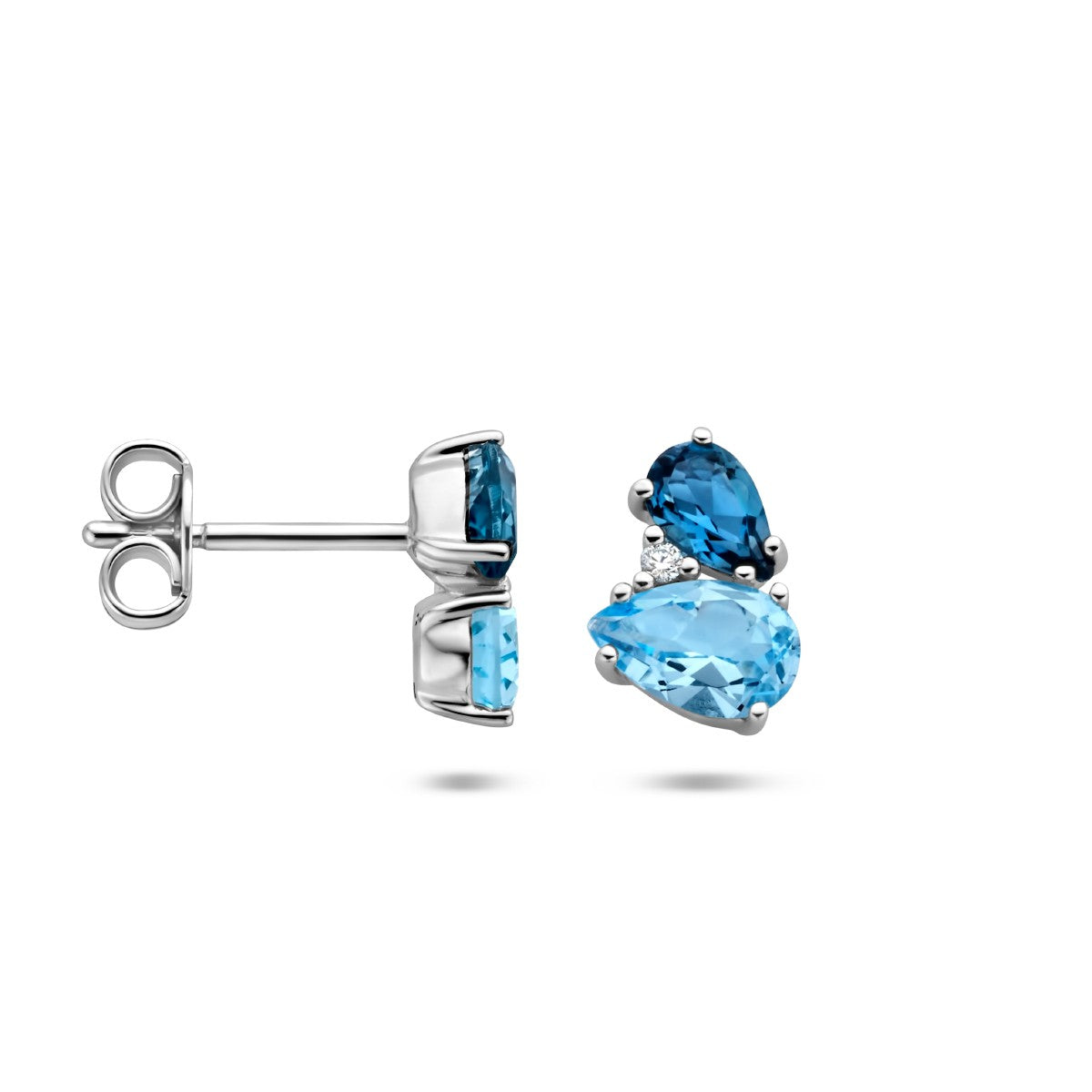 14K Witgoud Oorknoppen London Blue Topaas, Blauw Topaas En Diamant 0.015Ct (2X0.0075Ct) H P1 4105769 - PansiteNederland.nl
