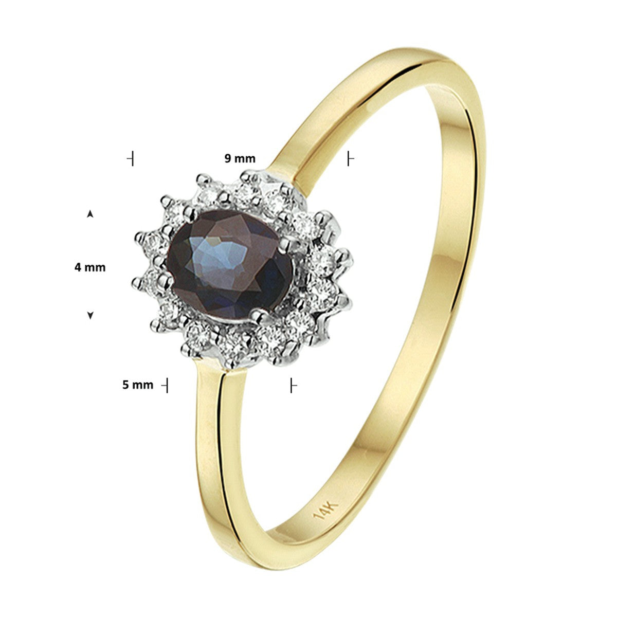 14K Bicolor Geel- En Witgoud Geel/Wit Ring Saffier Diamant 0.10Ct H Si Halo 4208170 - PansiteNederland.nl