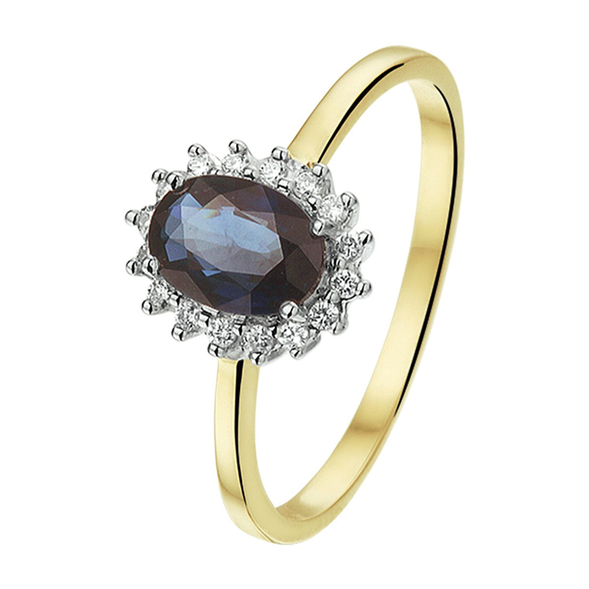 14K Bicolor Geel- En Witgoud Geel/Wit Ring Saffier Diamant 0.11Ct H Si Halo 4208178 - PansiteNederland.nl