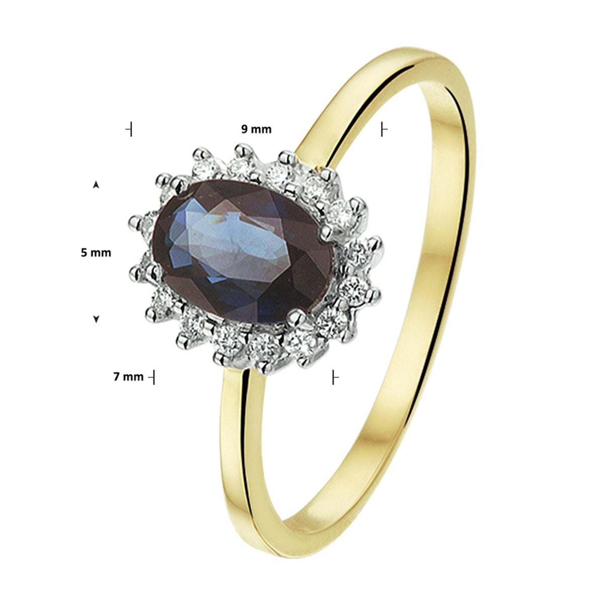 14K Bicolor Geel- En Witgoud Geel/Wit Ring Saffier Diamant 0.11Ct H Si Halo 4208178 - PansiteNederland.nl