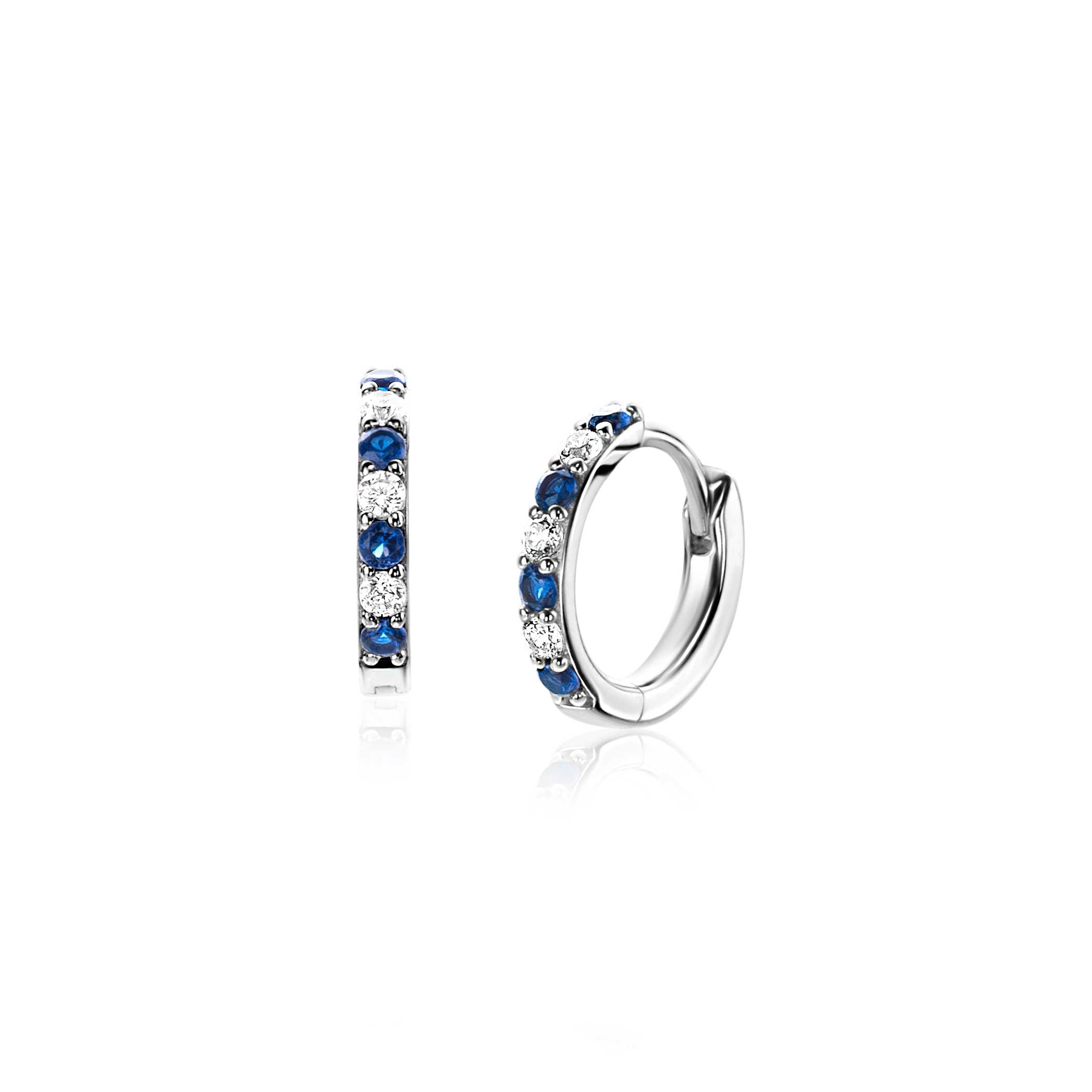12mm ZINZI zilveren oorbellen bezet met ronde witte zirconia's en donkerblauwe kleurstenen 2mm buisdikte met luxe