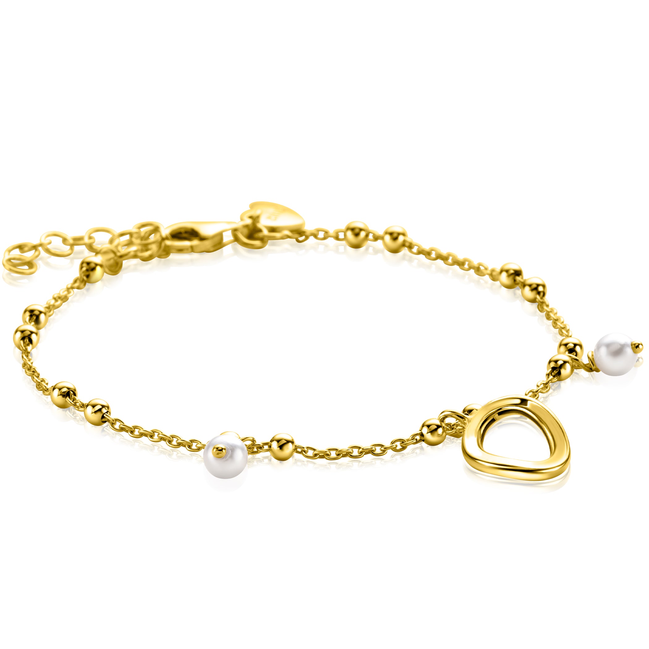 ZINZI gold plated zilveren fantasie armband met 15 kleine bolletjes, twee bungelende witte pareltjes en met speelse