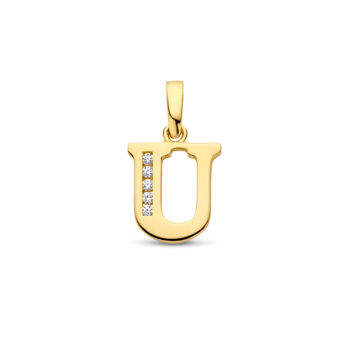 Hanger letter U zirkonia 14 mm 14K geelgoud #Letter_U