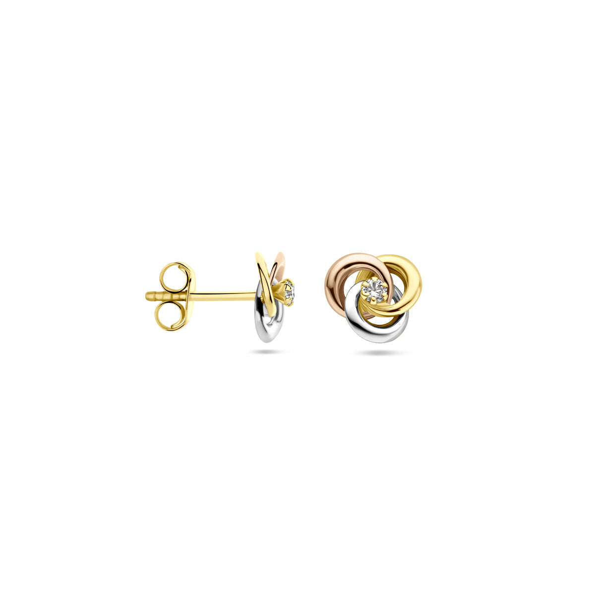 14K tricolor goud oorknoppen zirkonia 7 mm - 4300613 - PansiteNederland.nl