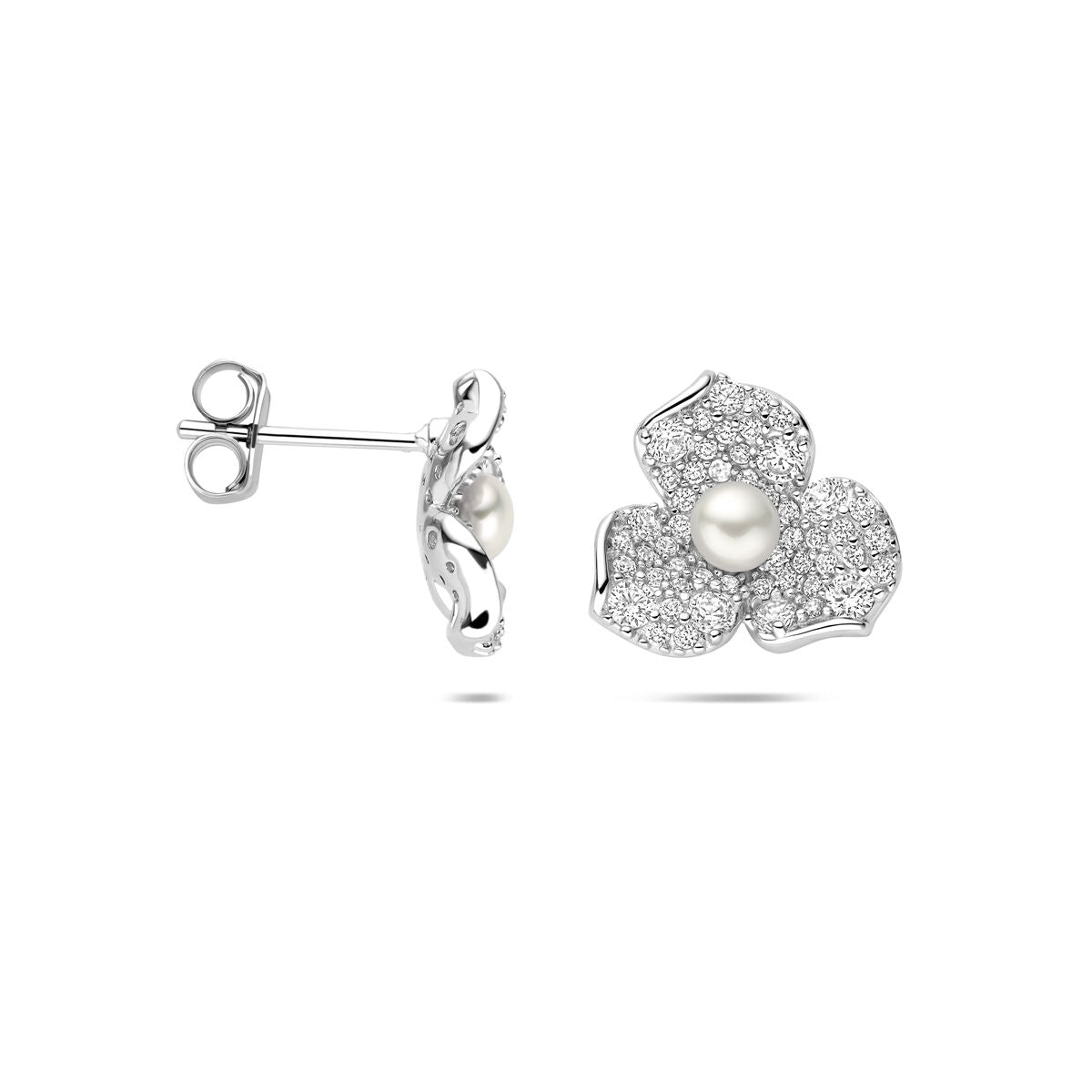 Fantasy Collection Oorbellen bloem parel en zirkonia 12 mm zilver