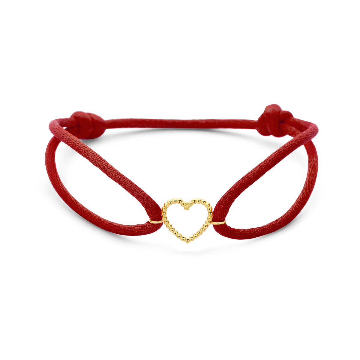 Armband rood satijn hartje 13 - 26 cm 14K goud met rubber/nylon/leer