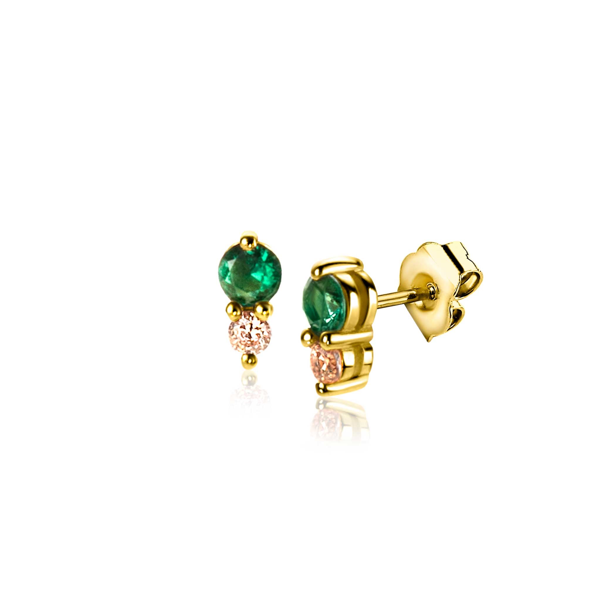 6,5mm ZINZI gold plated zilveren oorknoppen ronde chatonzettingen diepgroene en champagne kleurstenen oorbellen - ZIO2562