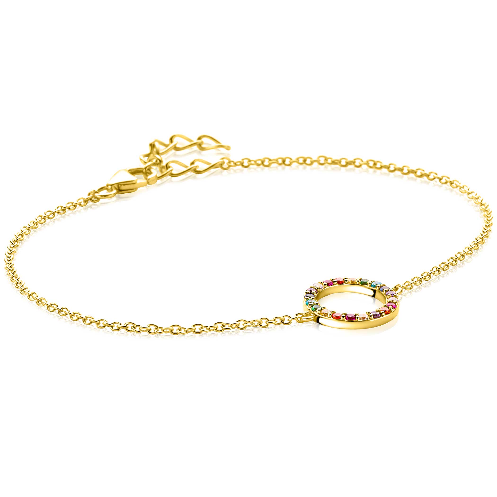 ZINZI gold plated zilveren armband met open rondje 12mm bezet regenboog 17-20cm - ZIA2170