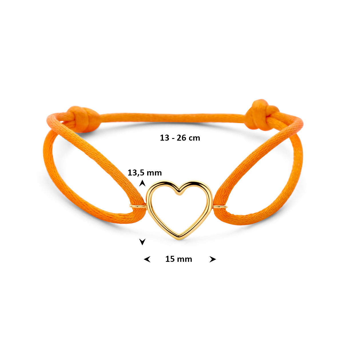 Armband oranje satijn hartje 13 - 26 cm 14K goud met rubber/nylon/leer