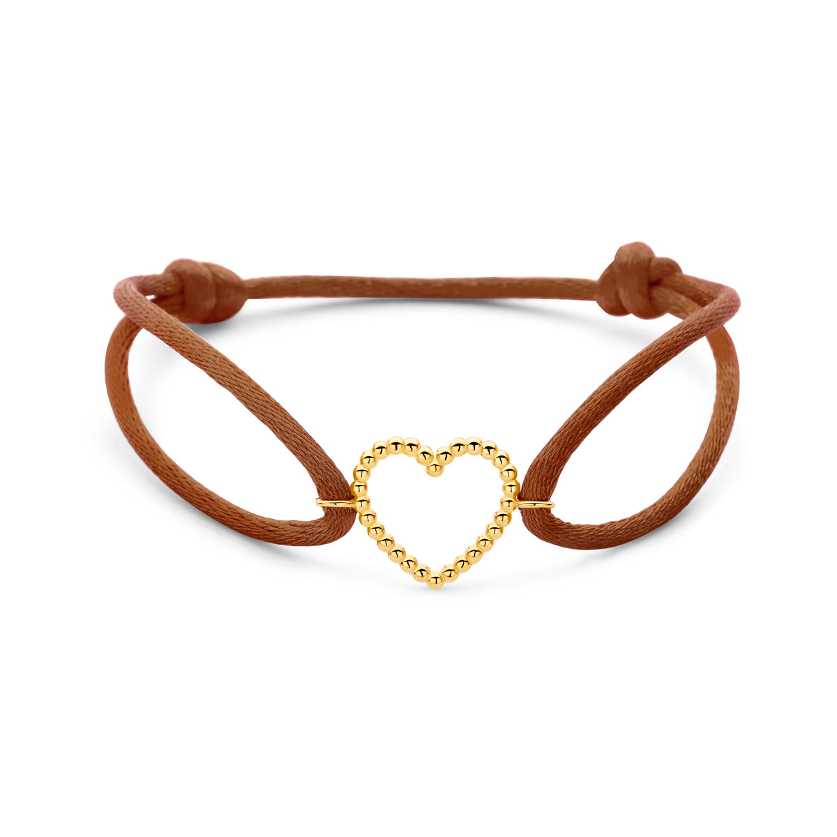 Armband bruin satijn hartje 13 - 26 cm 14K goud met rubber/nylon/leer