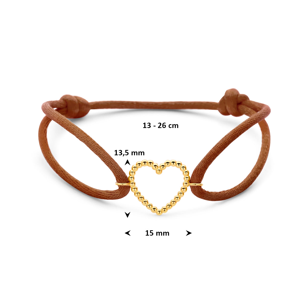 Armband bruin satijn hartje 13 - 26 cm 14K goud met rubber/nylon/leer