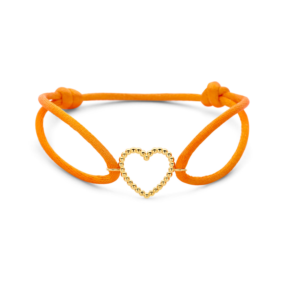 Armband oranje satijn hartje 13 - 26 cm 14K goud met rubber/nylon/leer