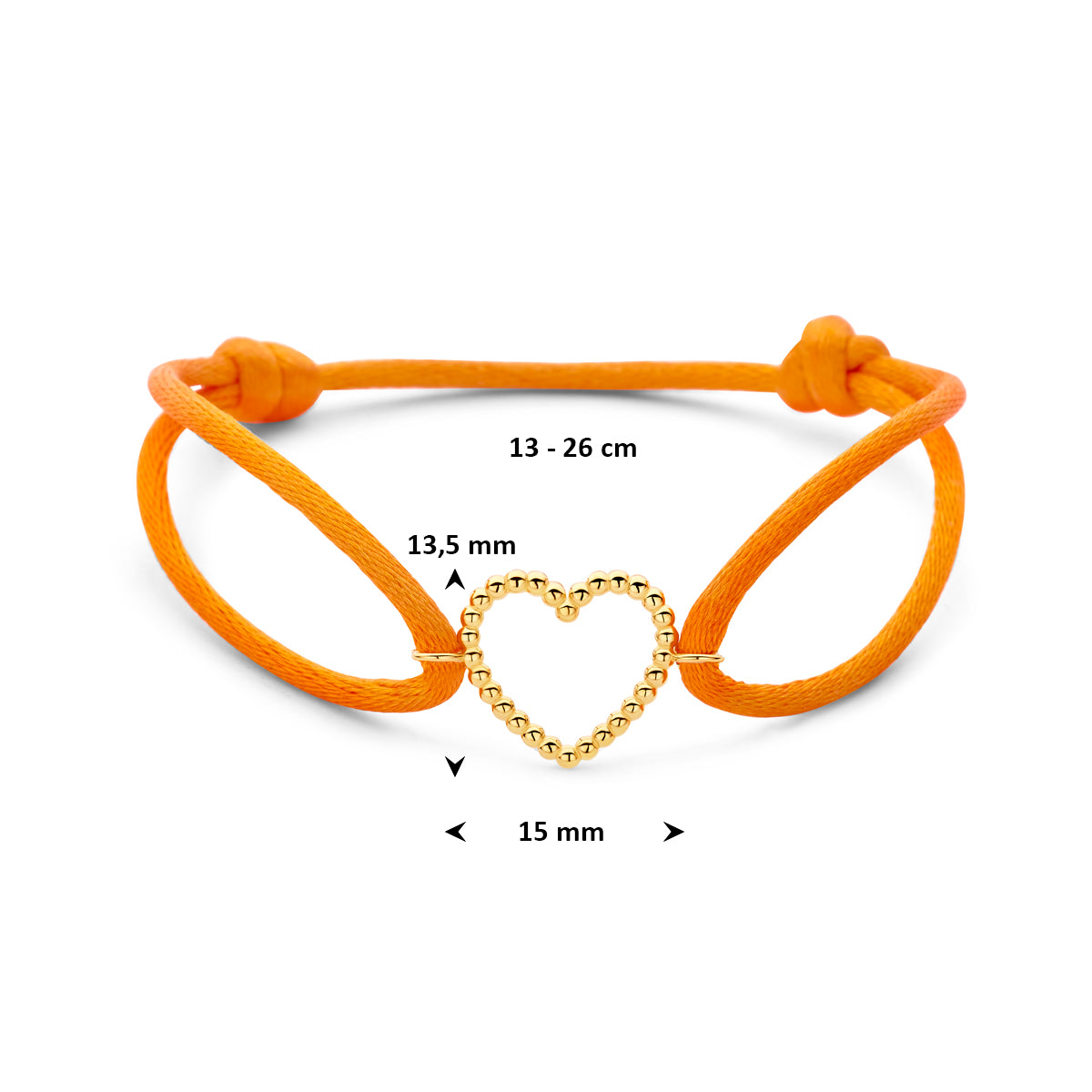Armband oranje satijn hartje 13 - 26 cm 14K goud met rubber/nylon/leer