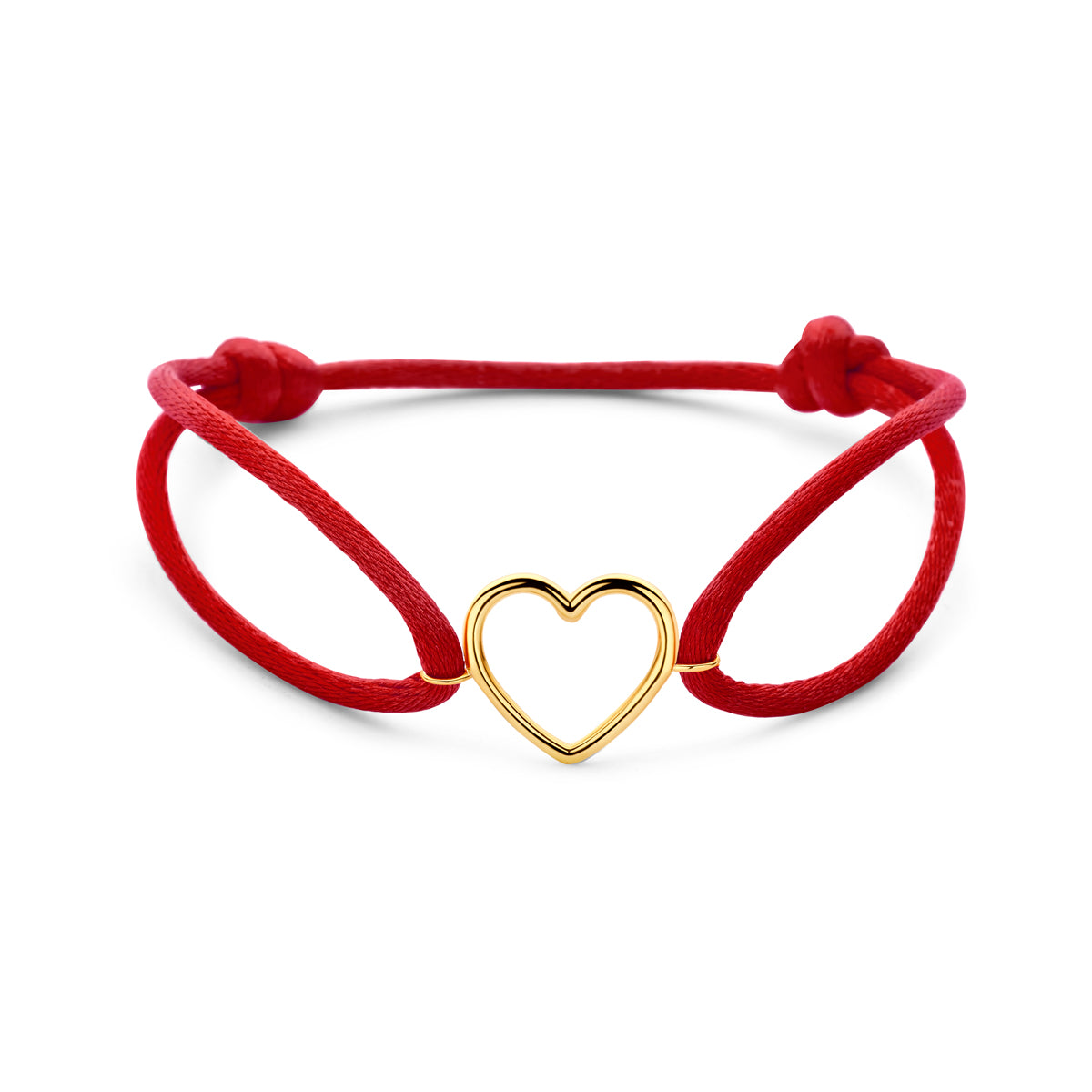 Armband rood satijn hartje 13 - 26 cm 14K goud met rubber/nylon/leer