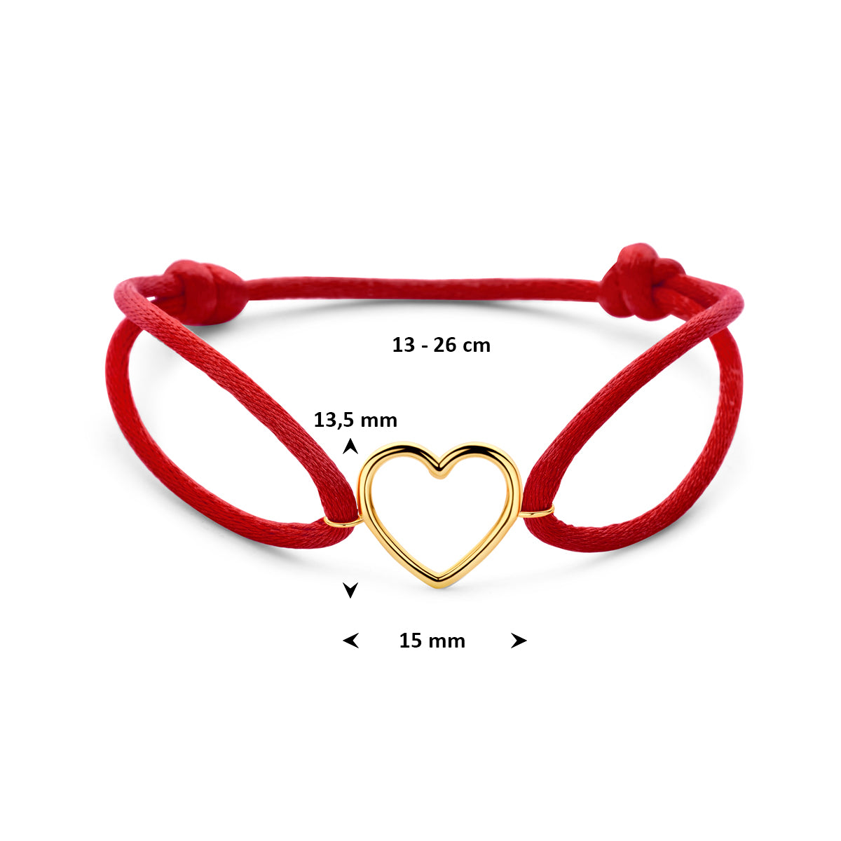 Armband rood satijn hartje 13 - 26 cm 14K goud met rubber/nylon/leer
