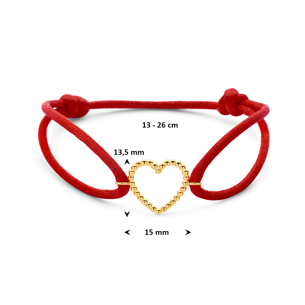 Armband rood satijn hartje 13 - 26 cm 14K goud met rubber/nylon/leer