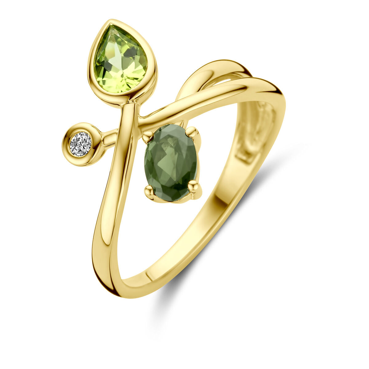 Ring groen toermalijn, peridot en diamant 0.03ct h si 14K geelgoud