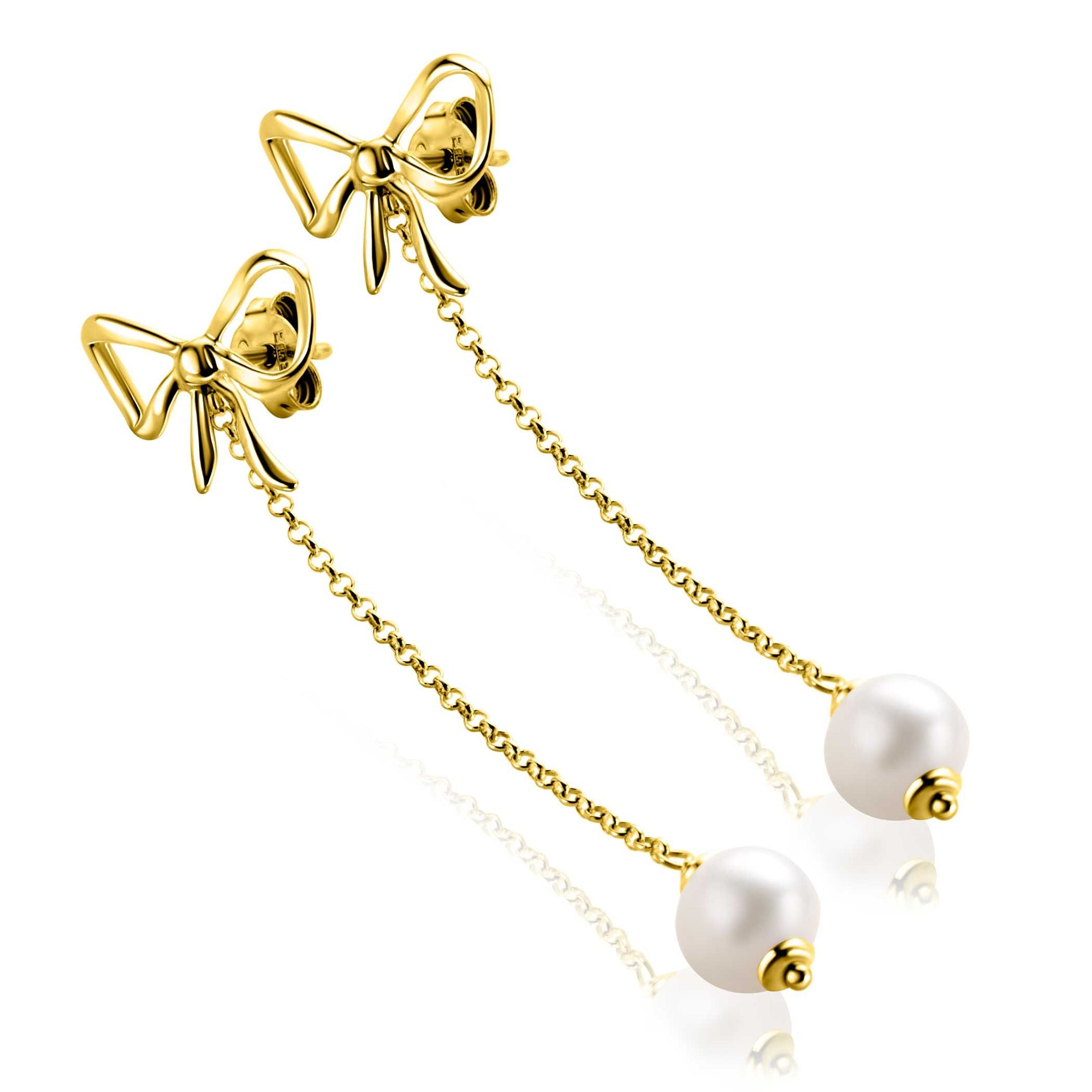 Zinzi 60mm gold plated zilveren strik oorstekers met jasseron kettinkje en zoetwaterparel ZIO2677 - PansiteNederland.nl