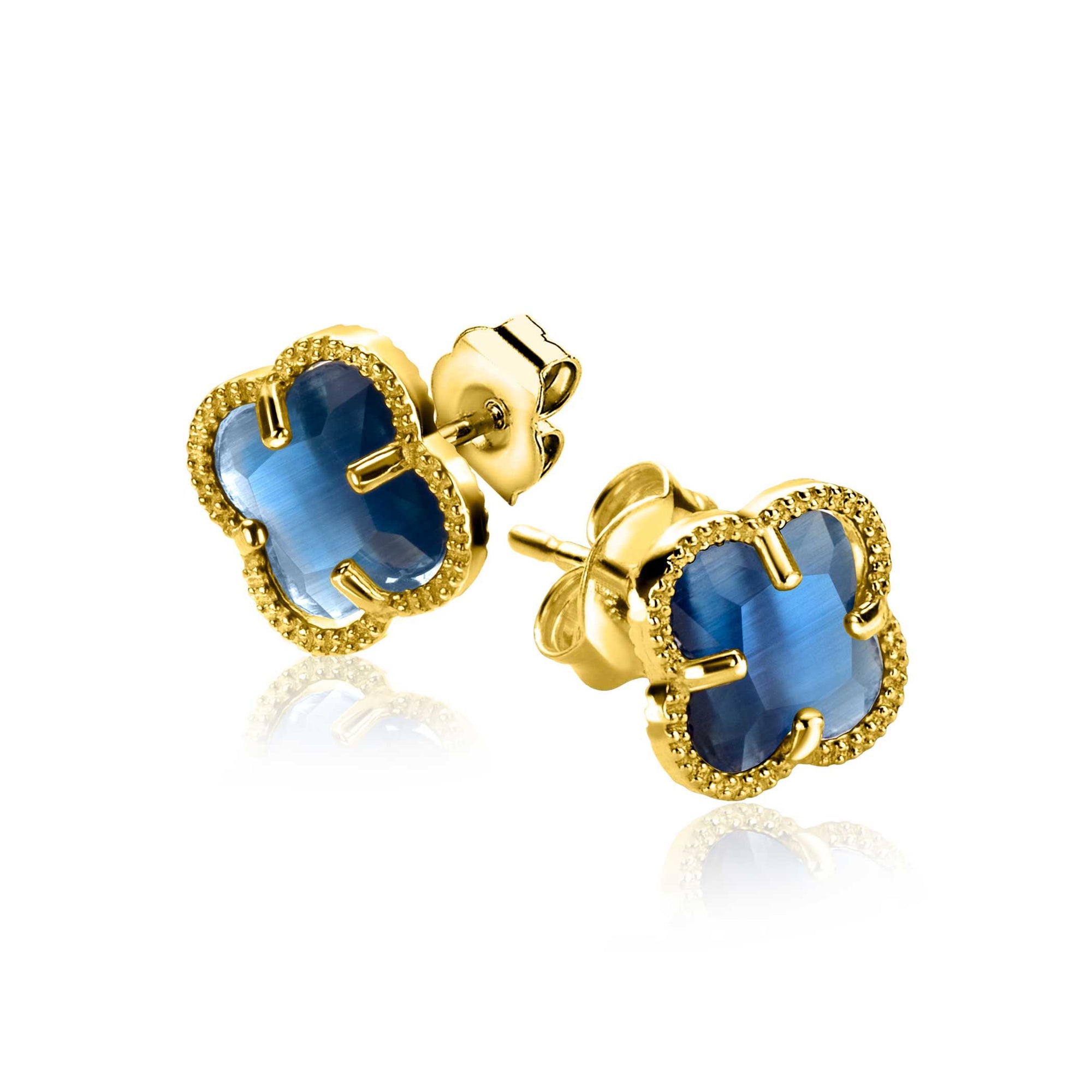 Zinzi 9mm gold plated zilveren oorstekers in klaver vorm met donkerblauwe kleursteen ZIO2662DB - PansiteNederland.nl