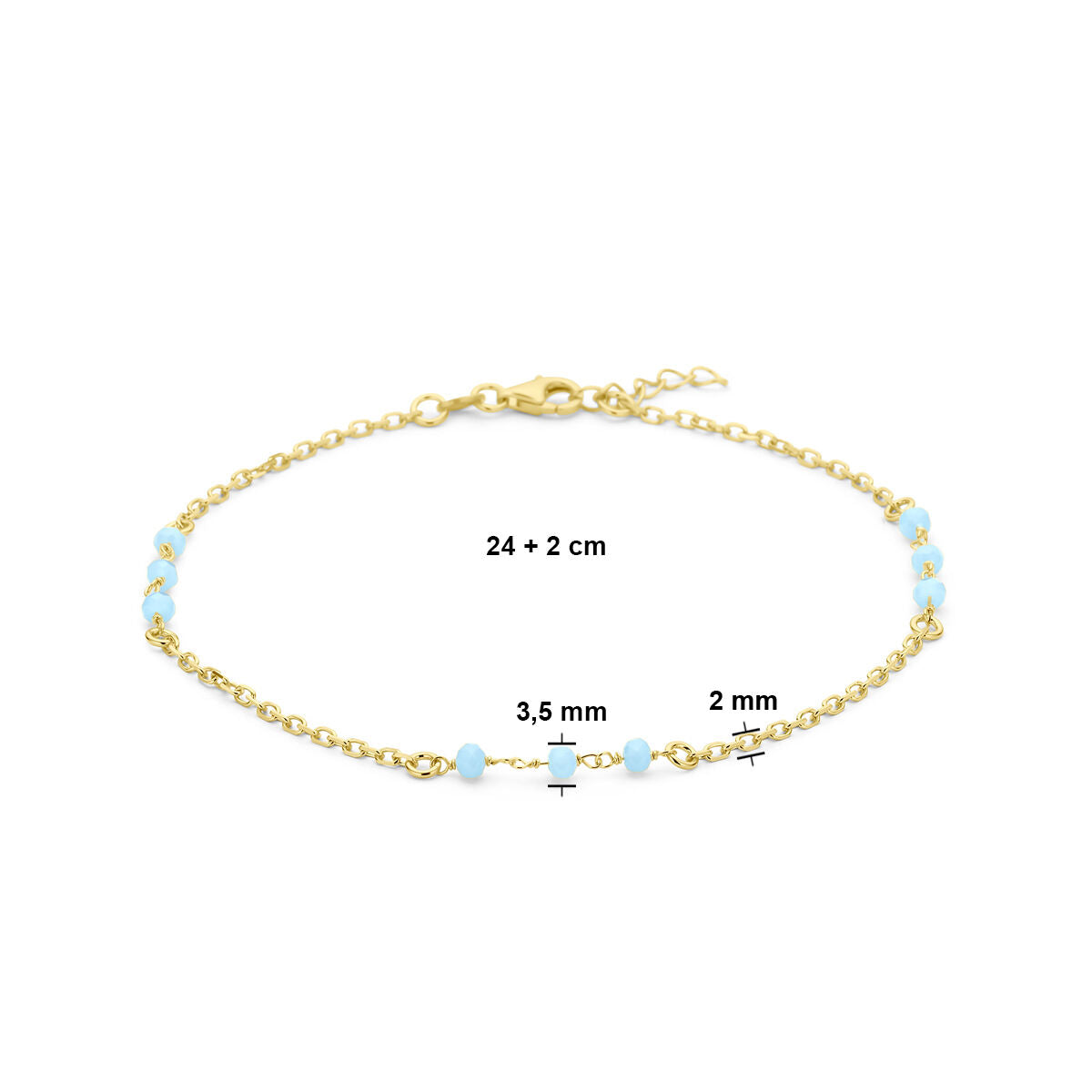 Enkelbandje blauw kristal bolletjes 24 + 2 cm 3 micron zilver verguld (geel)