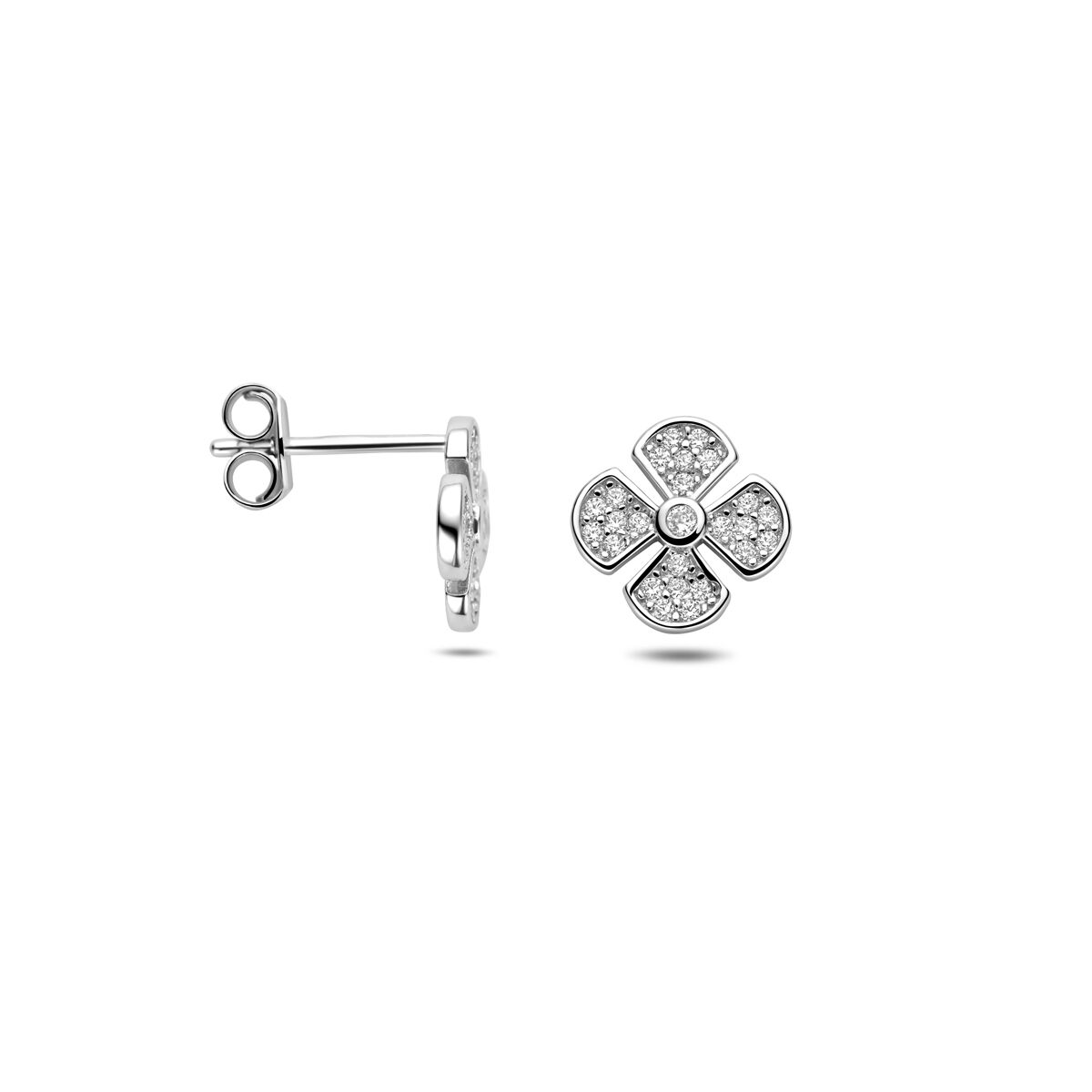 Zilveren gerhodineerde oorknoppen bloem zirkonia 9,5 mm - 1341566