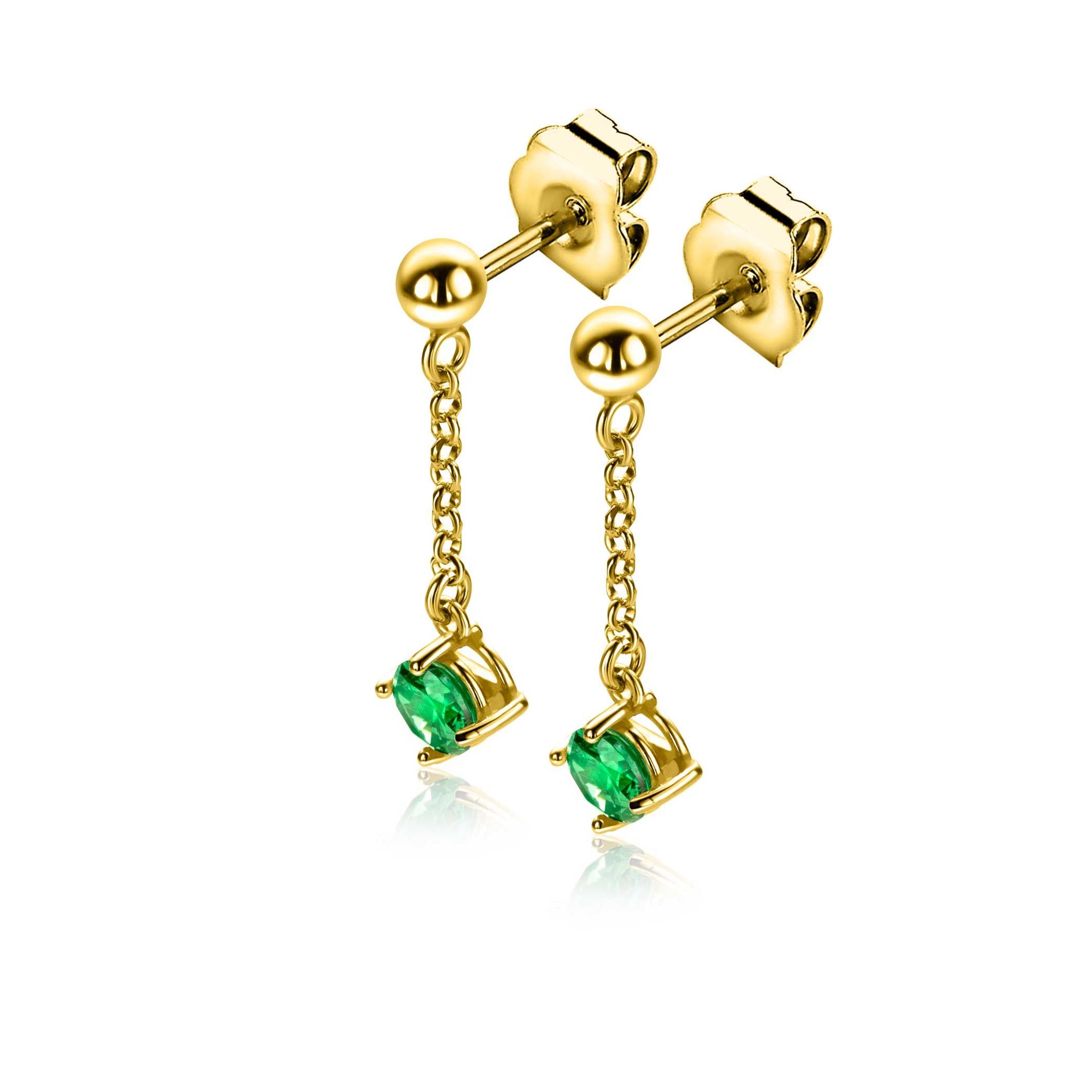 Zinzi 26mm gold plated zilveren oorstekers met kettinkje en een bungelende ronde groene kleursteen ZIO2660G - PansiteNederland.nl