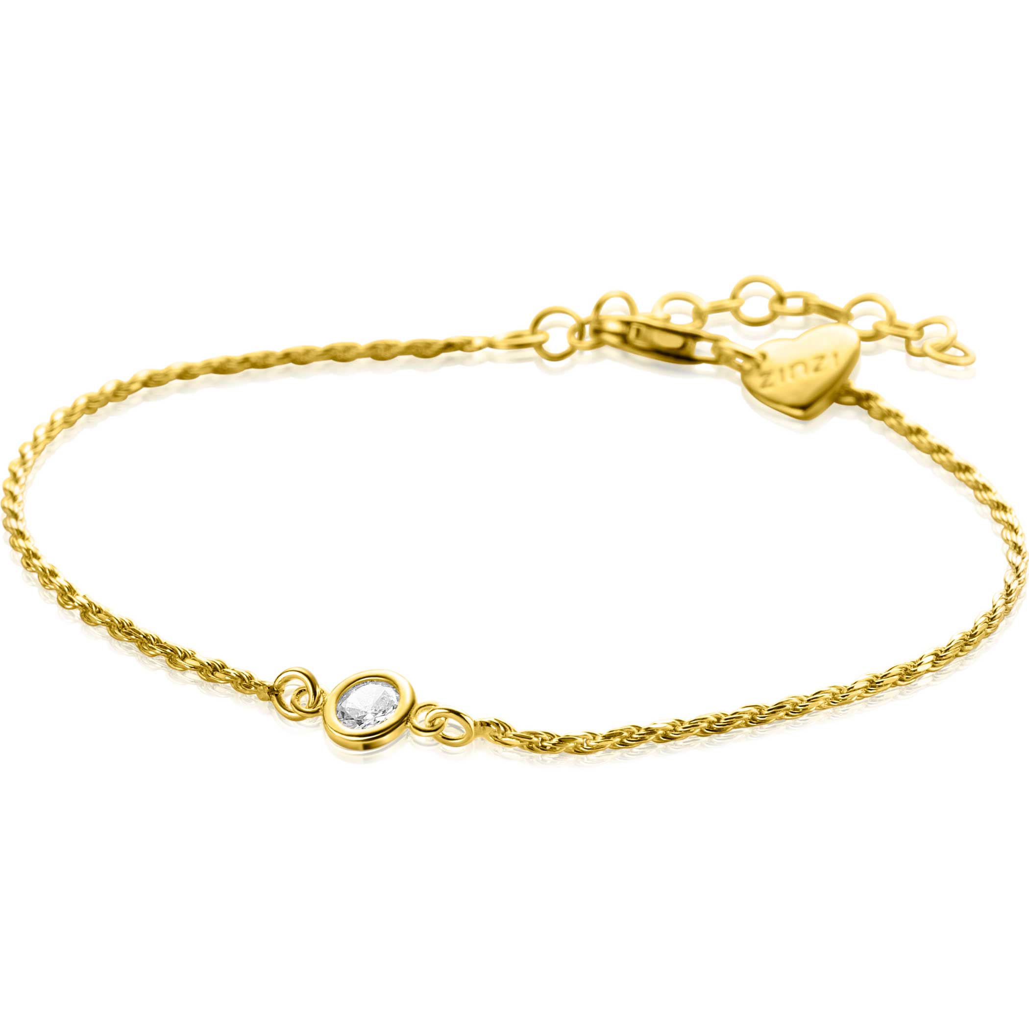 ZINZI gold plated zilveren koord armband bezet met een ronde witte zirconia 17-20cm - ZIA2461Y