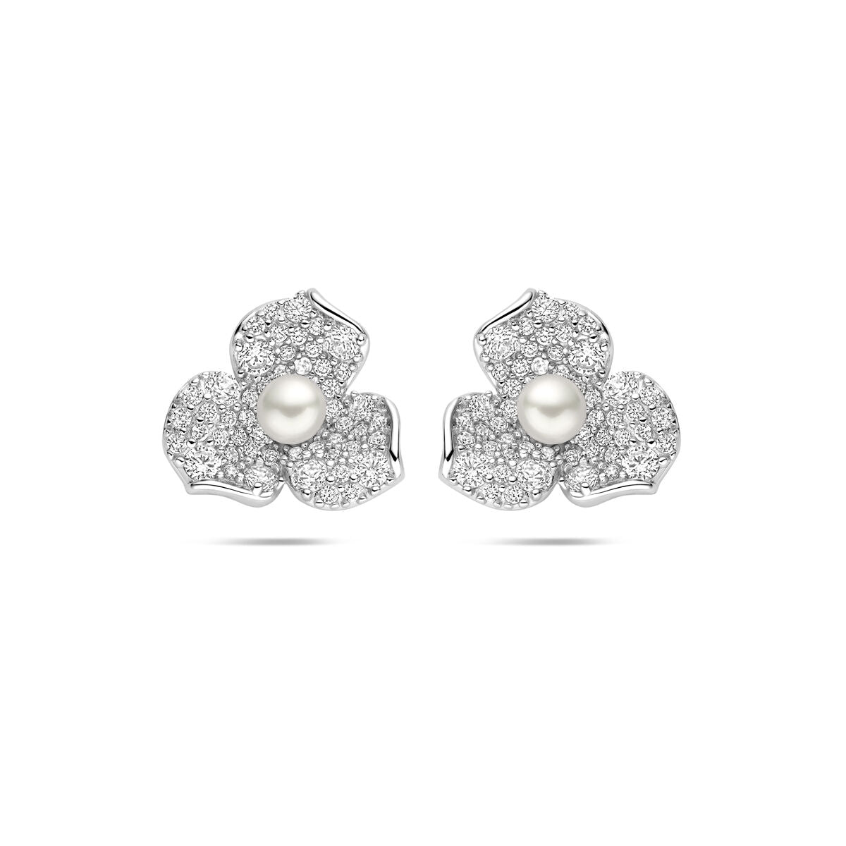 Fantasy Collection Oorbellen bloem parel en zirkonia 12 mm zilver