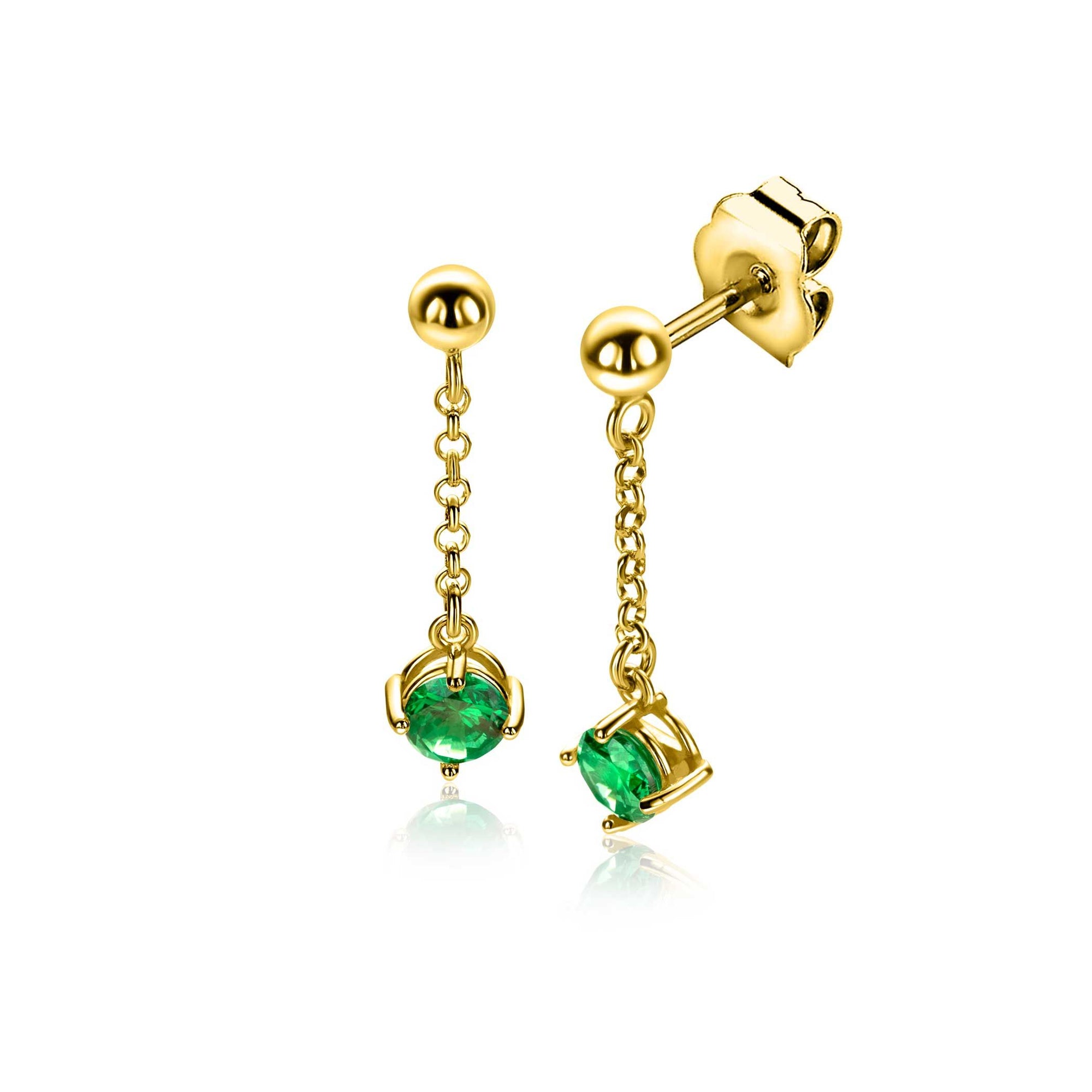 Zinzi 26mm gold plated zilveren oorstekers met kettinkje en een bungelende ronde groene kleursteen ZIO2660G - PansiteNederland.nl