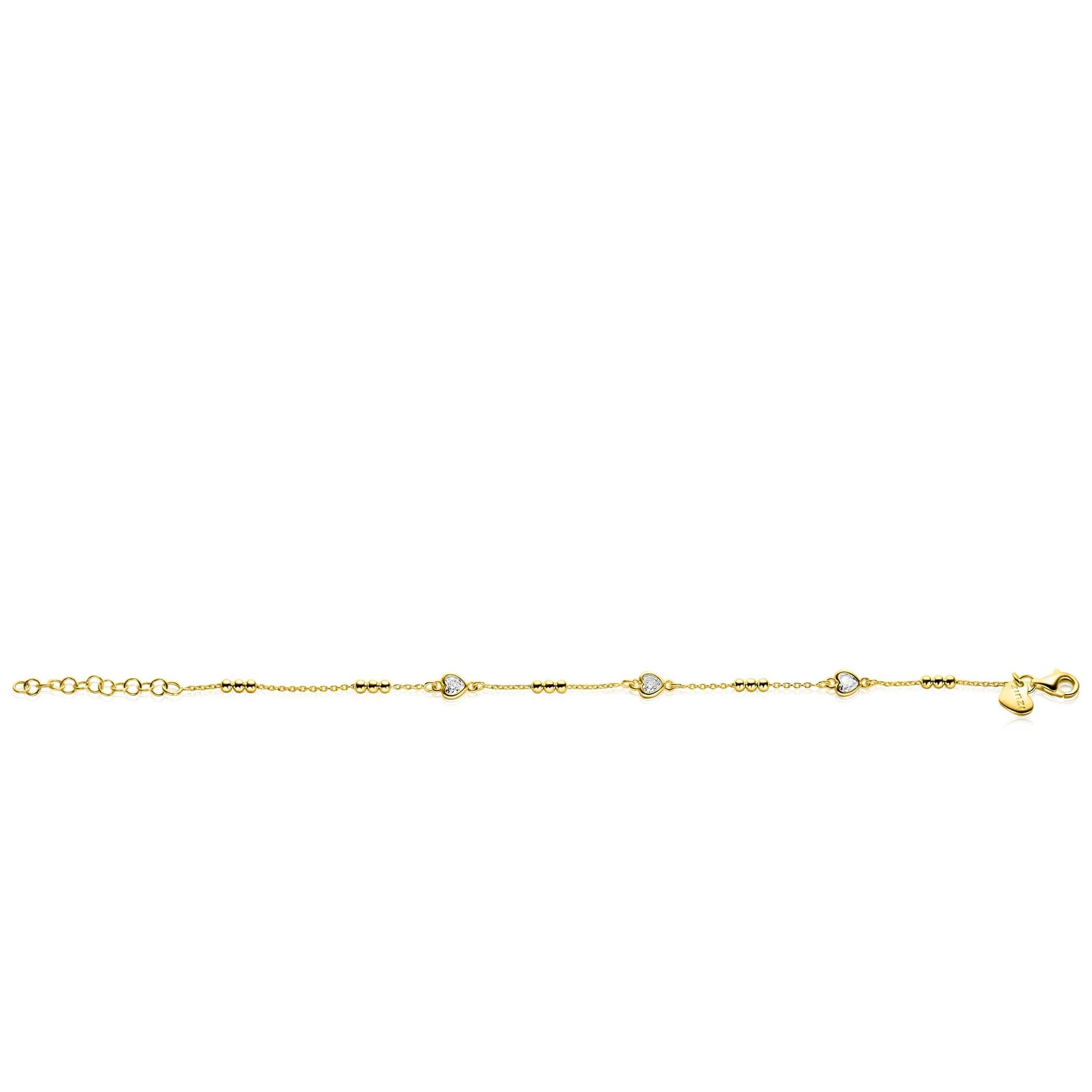 ZINZI gold plated zilveren schakelarmband met trio-bolletjes en drie hartvormige zirkonia's 17-20cm - ZIA2679