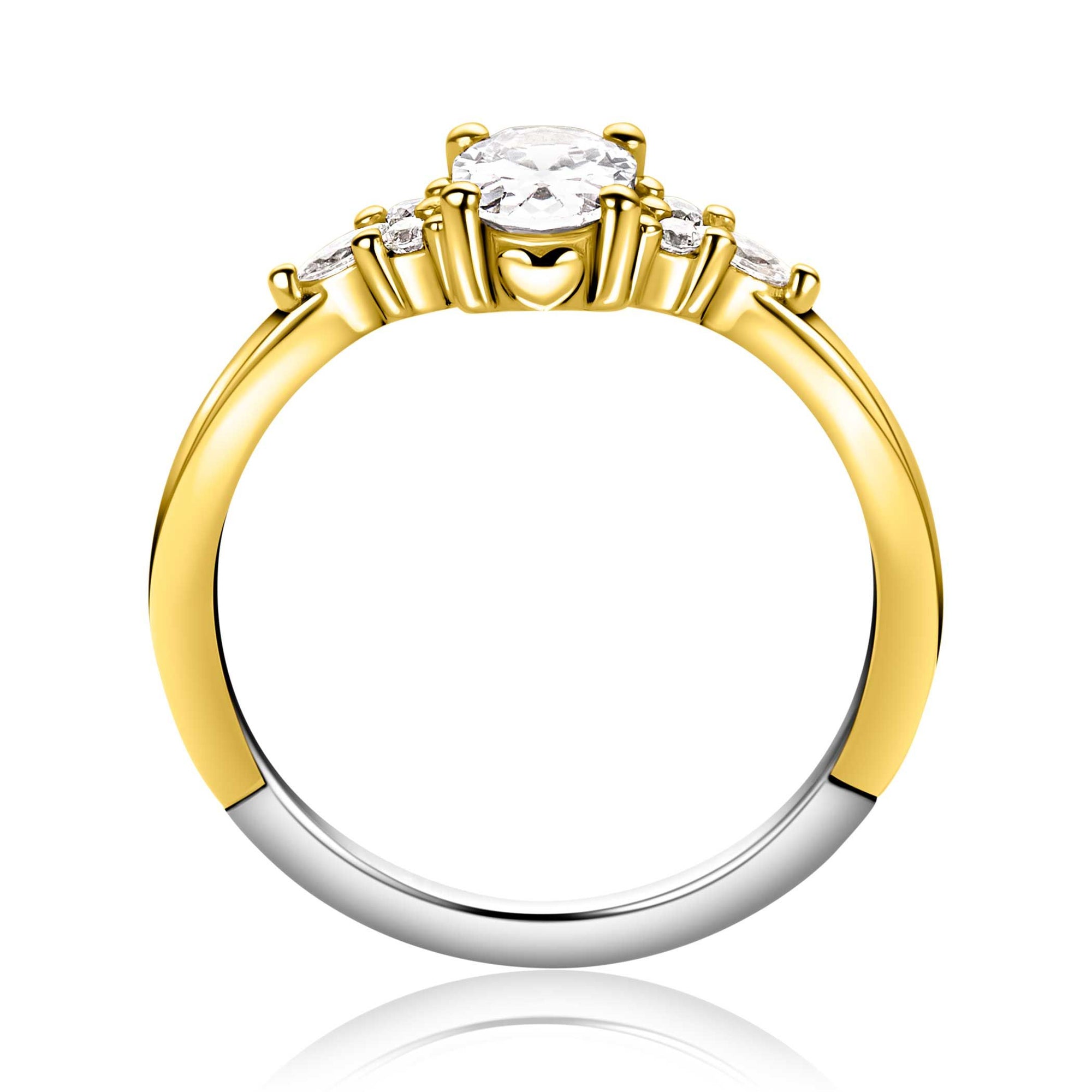 ZINZI gold plated zilveren verlovingsring met grote ovale witte zirkonia (7mm) en kleinere zirkonia's, met klein hartje aan de zijkant ZIR2698Y - PansiteNederland.nl