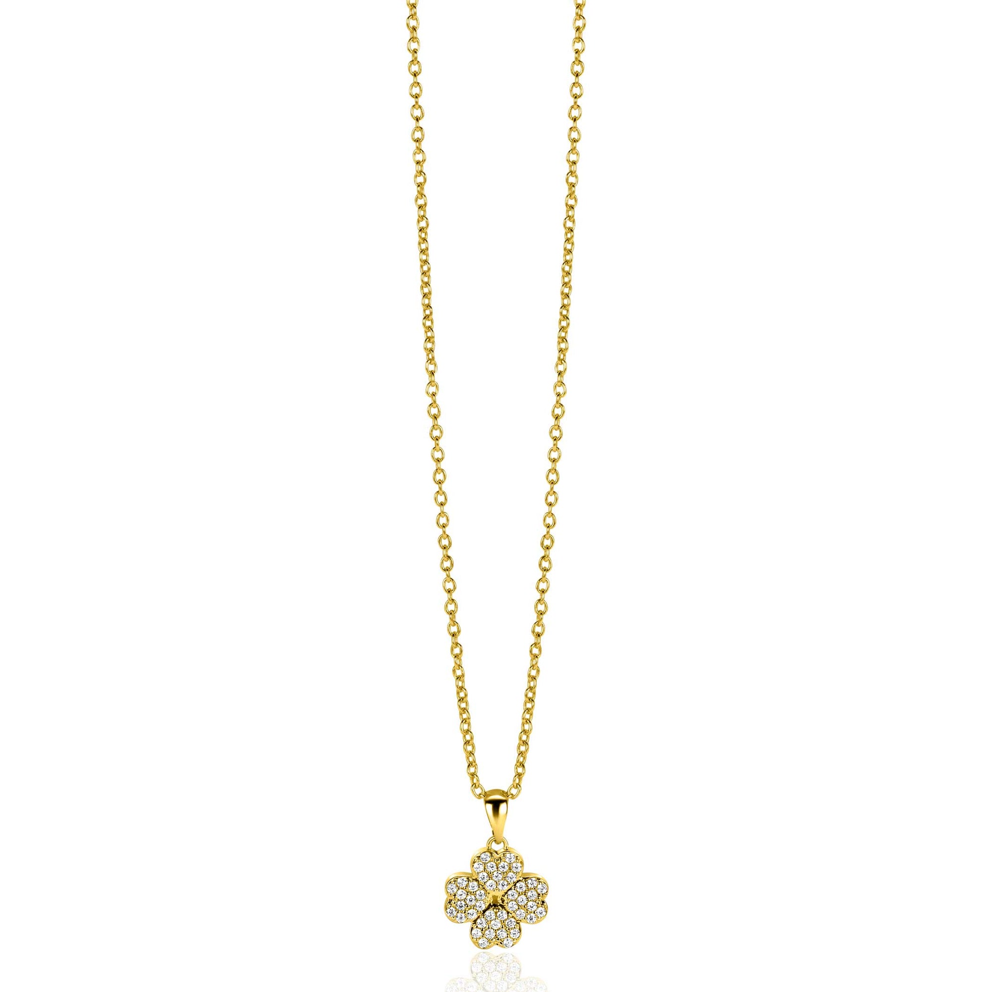 Zinzi gold plated zilveren klaver vier hanger bezet met witte zirkonia's ZIH2618 (zonder collier) - PansiteNederland.nl