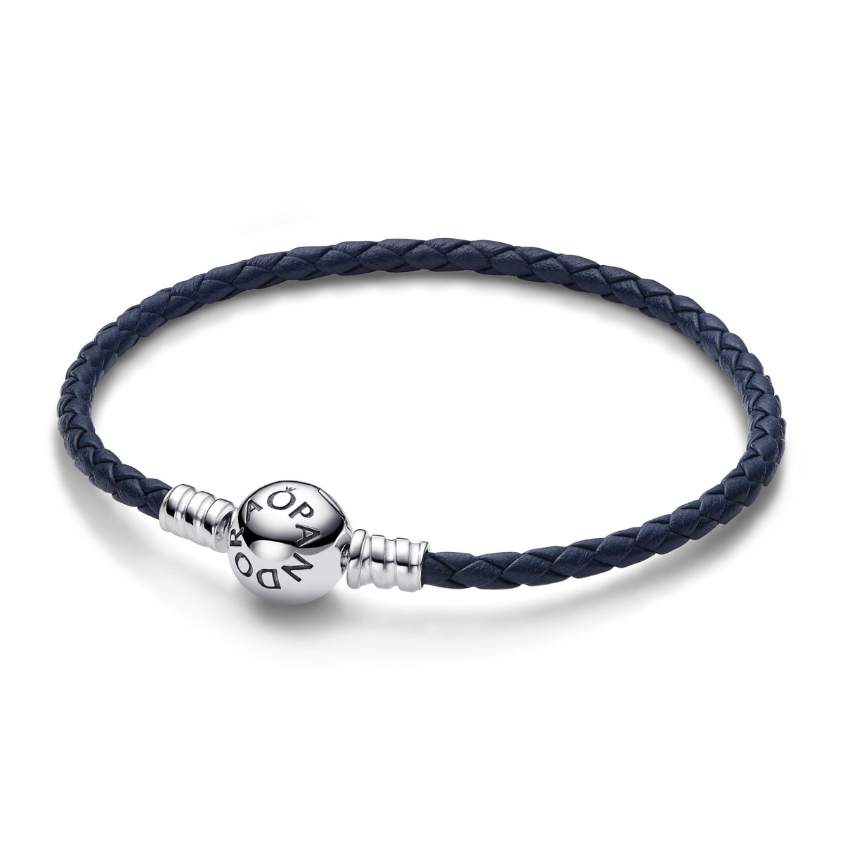 Pandora Moments Blauwe Gevlochten Leren Armband met Ronde Sluiting zilver