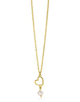 ZINZI gold plated zilveren ketting met open hartje en bungelend witte zoetwaterparel 40-45cm ZIC2642