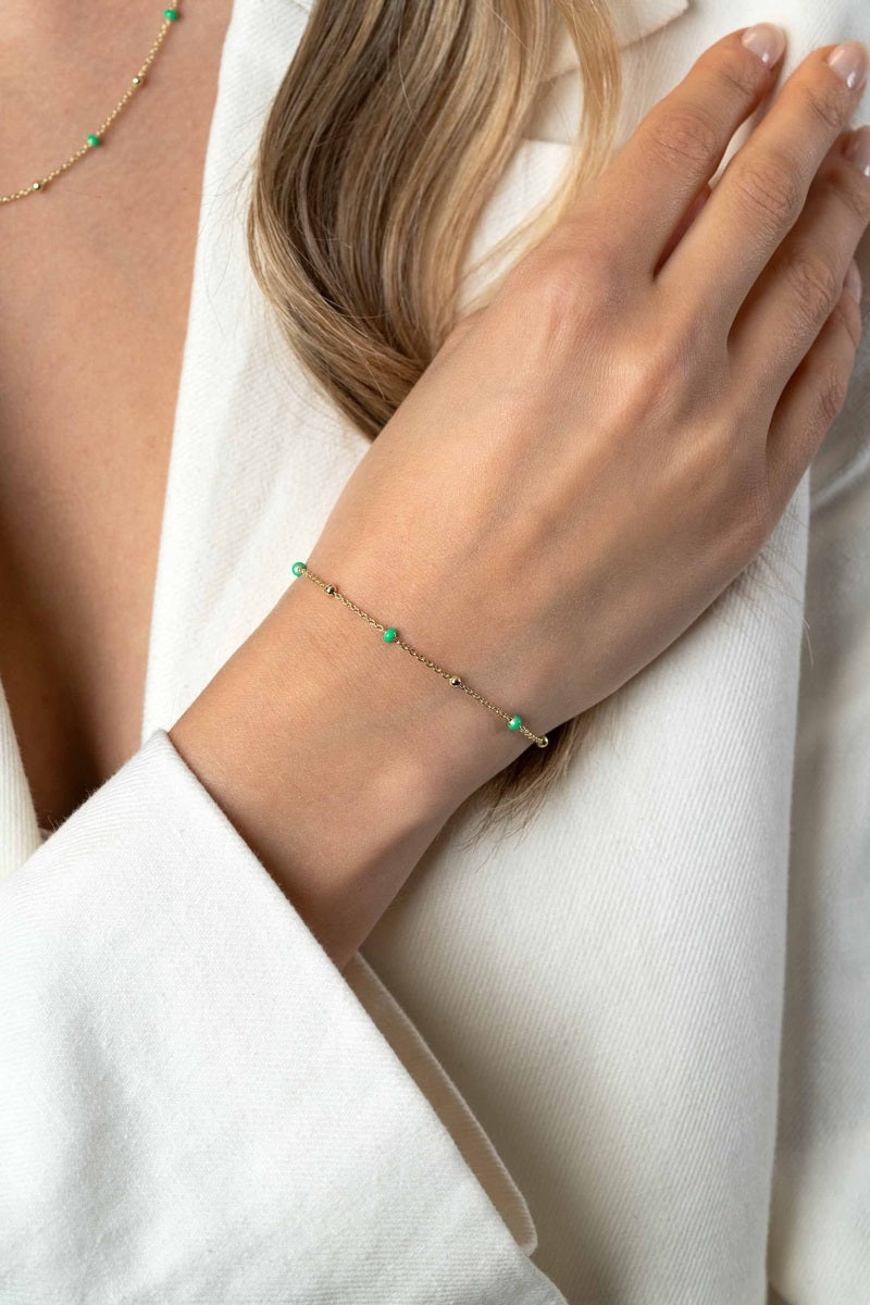 ZINZI gold plated zilveren fantasie armband met 5 groene donuts en glanzende bolletjes 17-19,5cm - ZIA2509