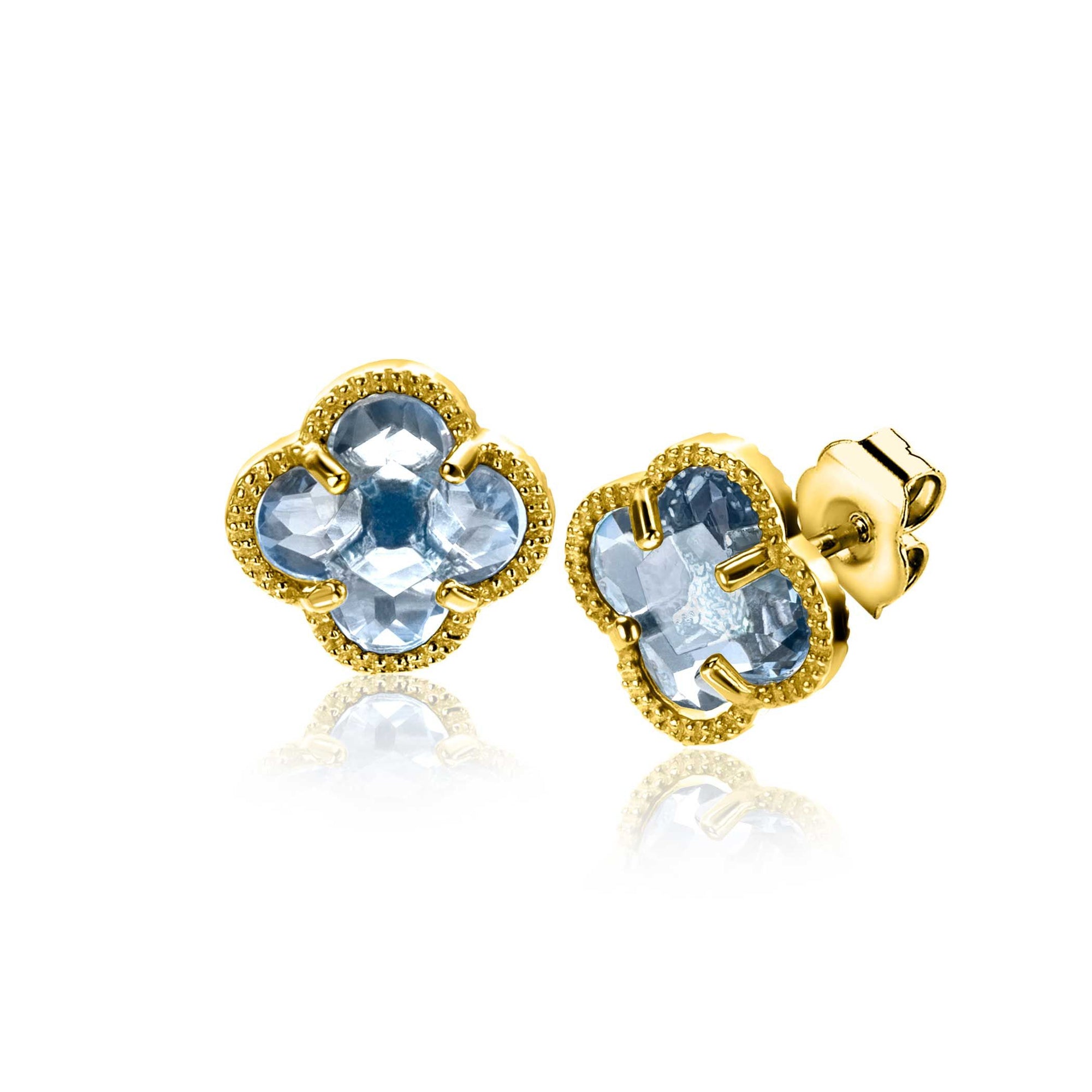 Zinzi 9mm gold plated zilveren oorstekers in klaver vorm met lichtblauwe kleursteen ZIO2662B - PansiteNederland.nl