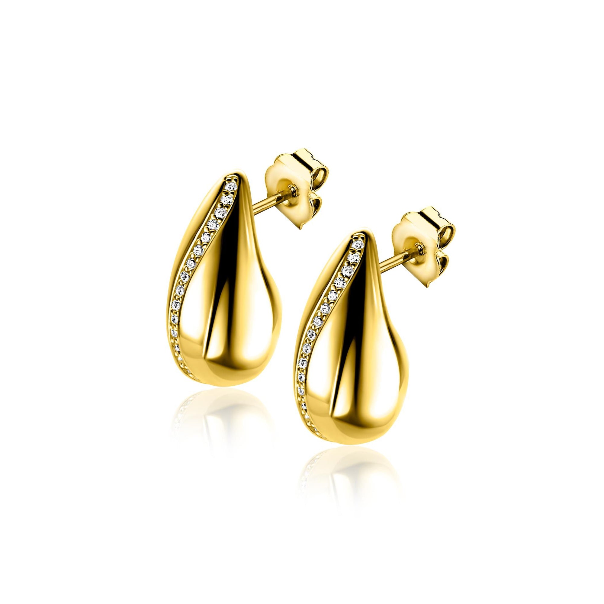ZINZI gold plated zilveren oorstekers in druppelvorm met golvende rij witte zirkonia's 17mm ZIO2707Y - PansiteNederland.nl