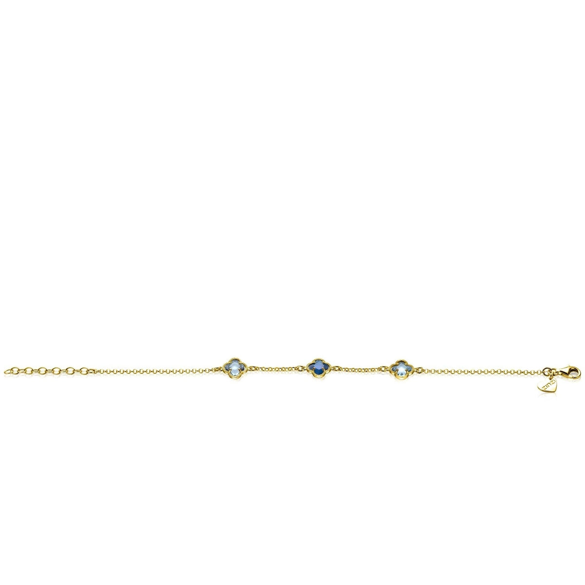 ZINZI gold plated zilveren schakel armband met twee lichtblauwe klavers en een donkerblauwe klaver in het midden 17-20cm ZIA2662B - PansiteNederland.nl