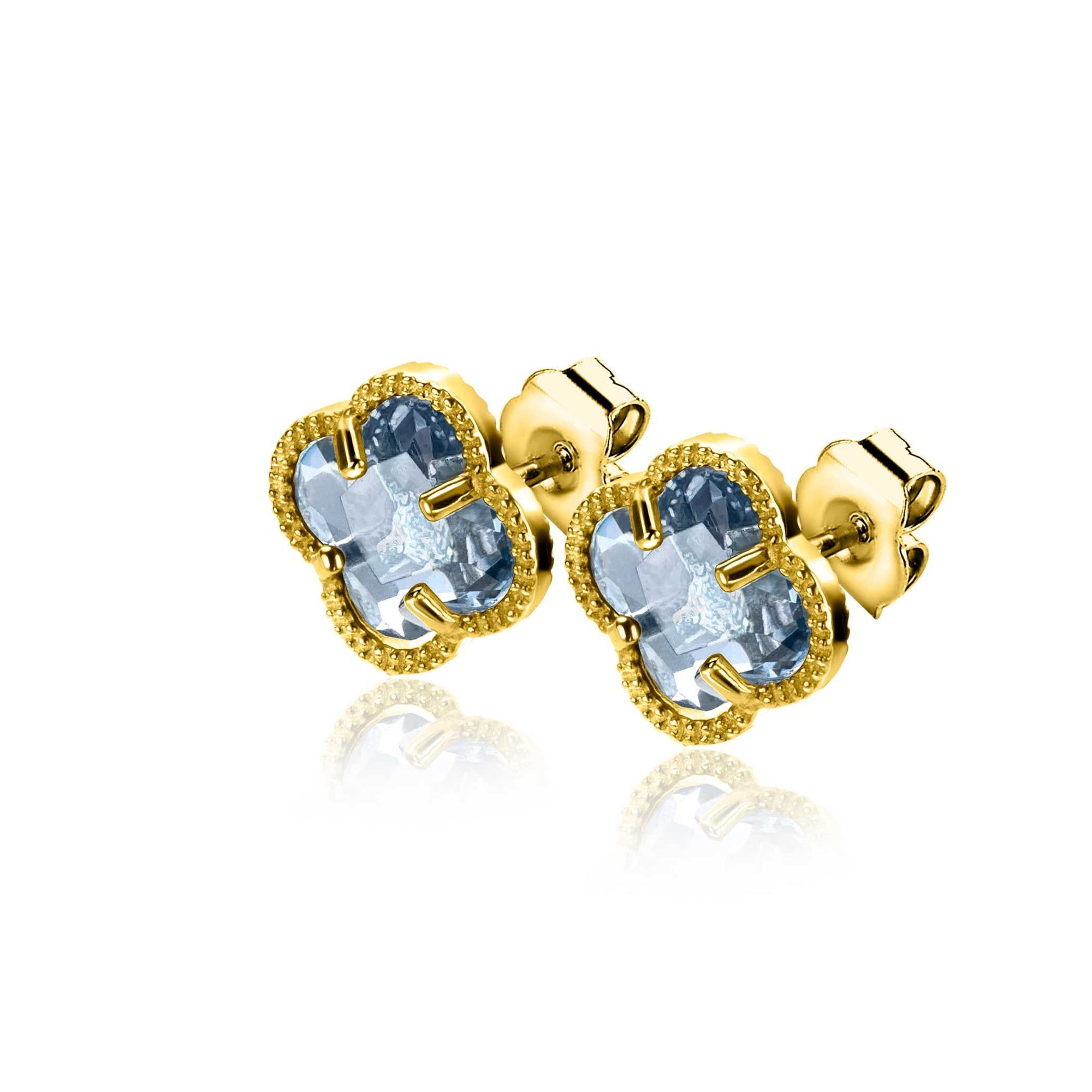 Zinzi 9mm gold plated zilveren oorstekers in klaver vorm met lichtblauwe kleursteen ZIO2662B - PansiteNederland.nl